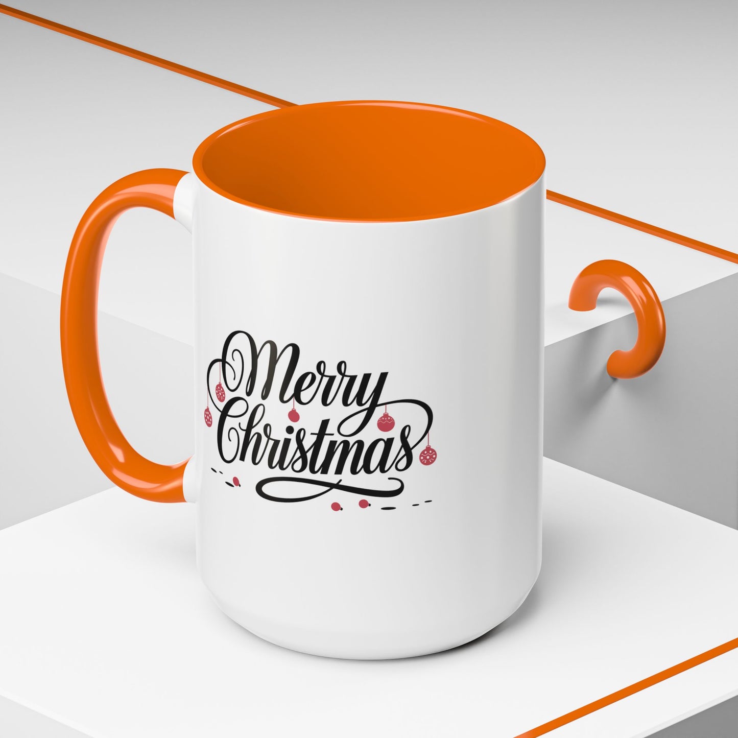 Christmas Mug - Merry Christmas Black Text Red Ornaments