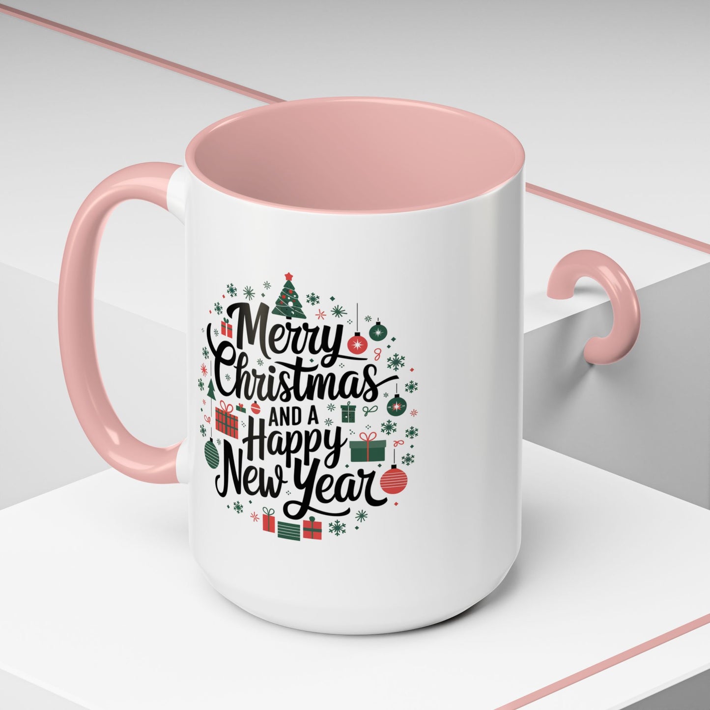 Christmas Mug - Merry Christmas and a Happy New Year Black Text Tree Ornaments Presents