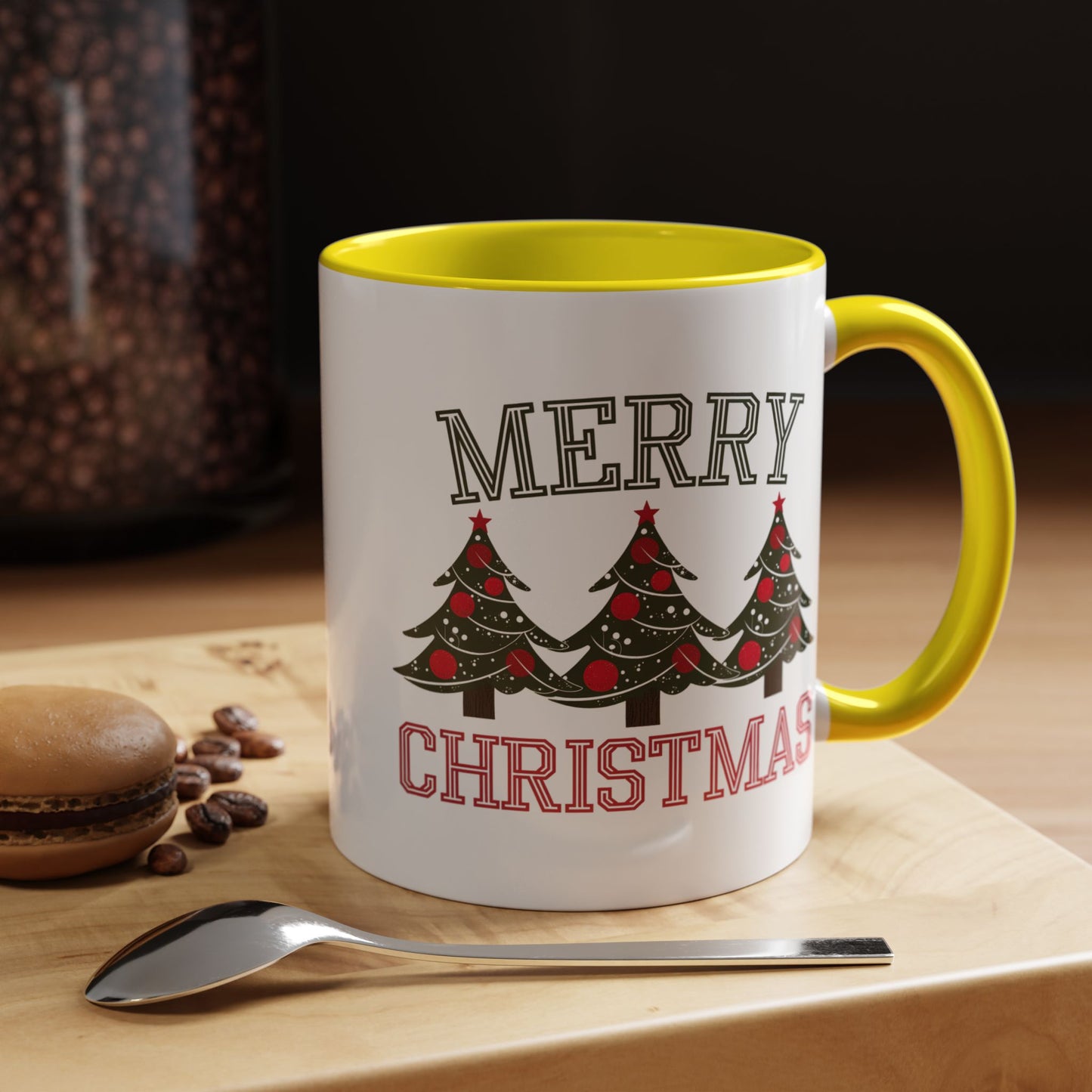Christmas Mug - Merry Christmas Green & Red Text Decorative Trees