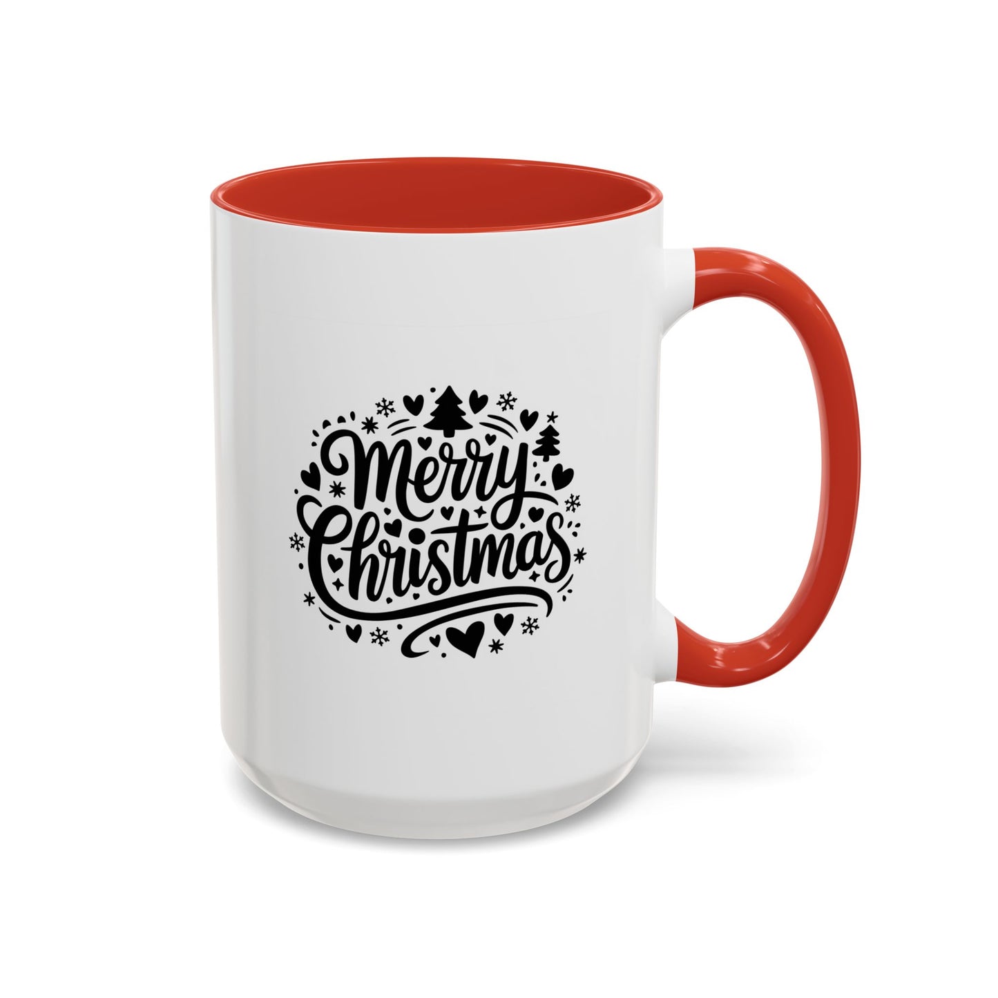 Christmas Mug - Merry Christmas Black Text Trees Snowflakes Hearts