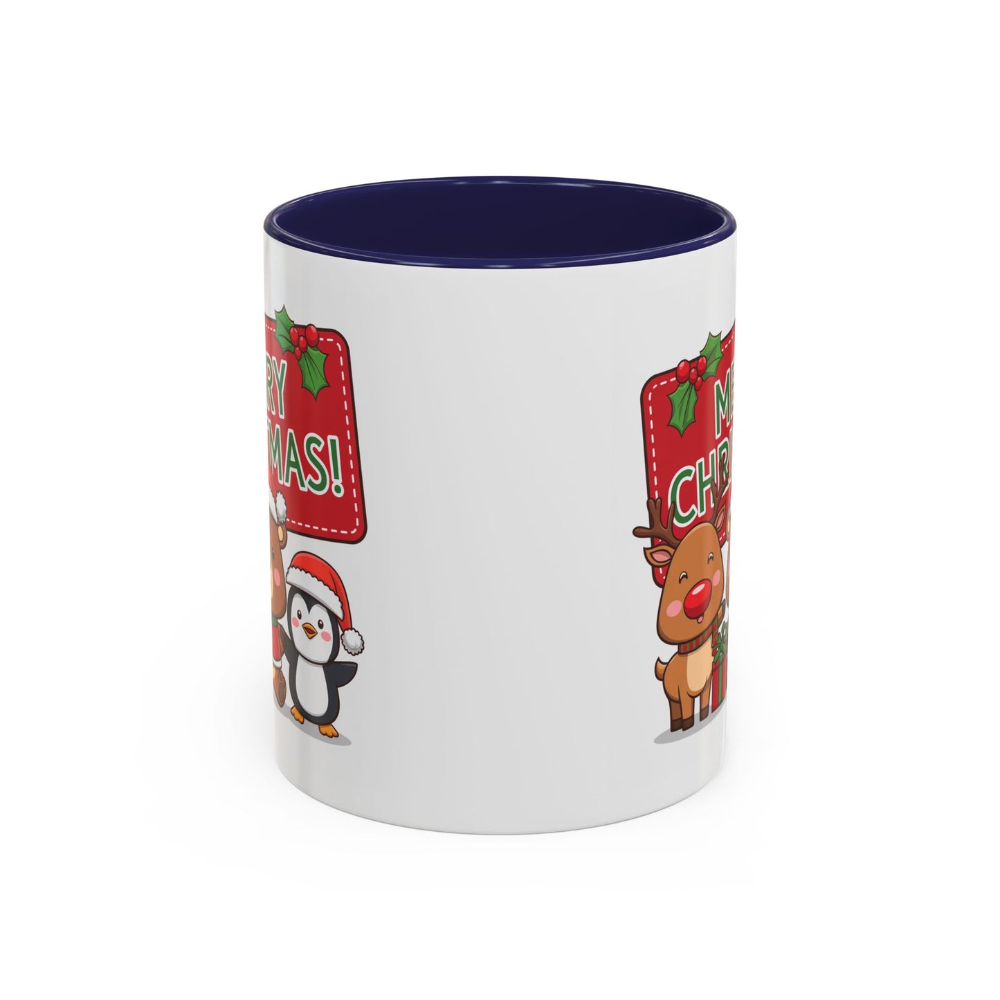 Christmas Mug - Green Text Red Banner Reindeer Bear Penguin