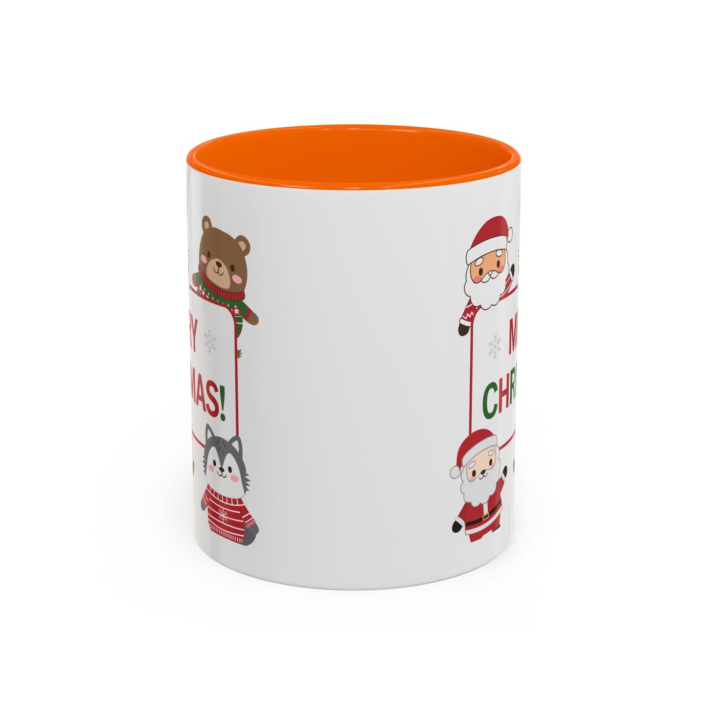 Christmas Mug - Merry Christmas Red & Green Text Santa Cute Animals