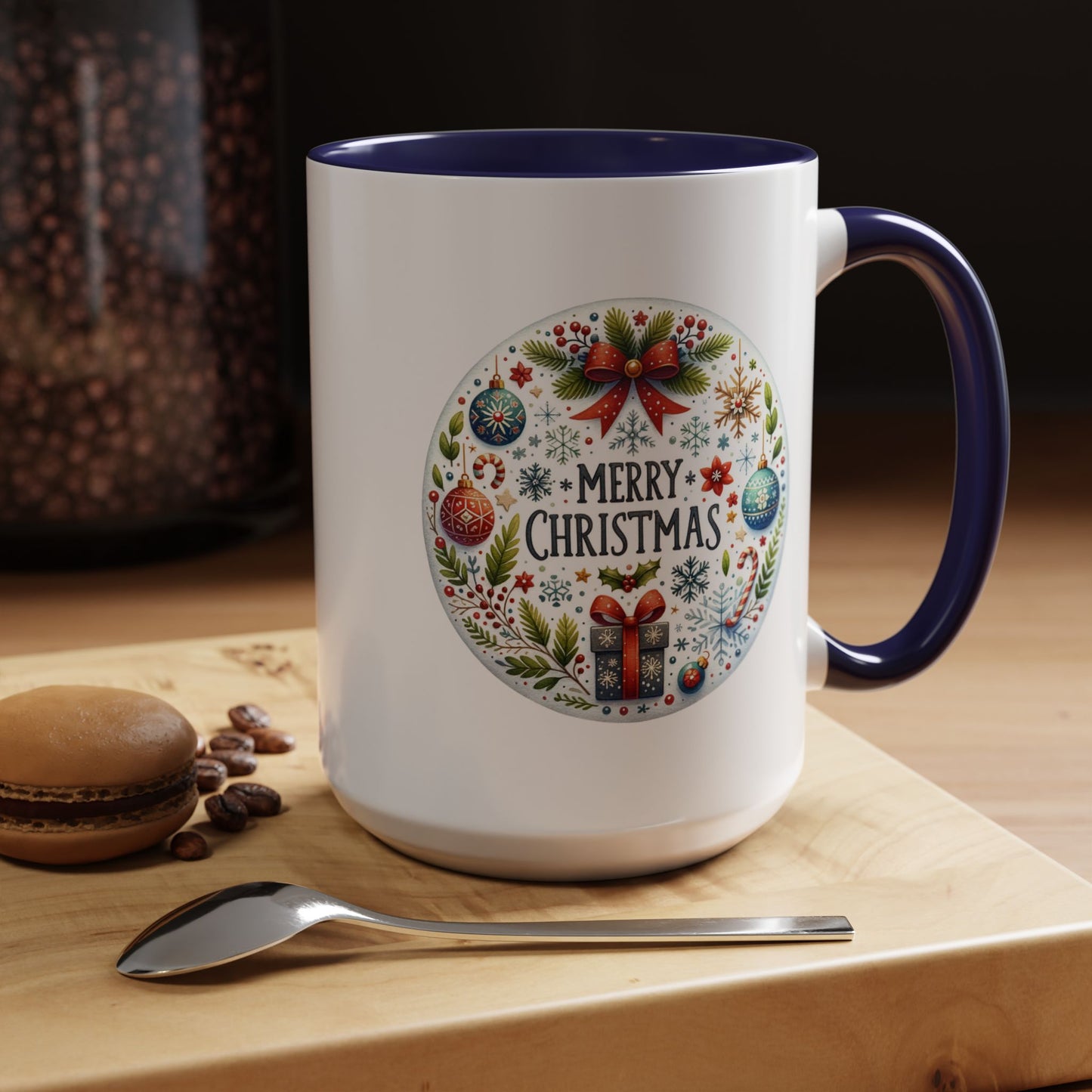 Christmas Mug - Merry Christmas Blue Text Bow Present Ornaments