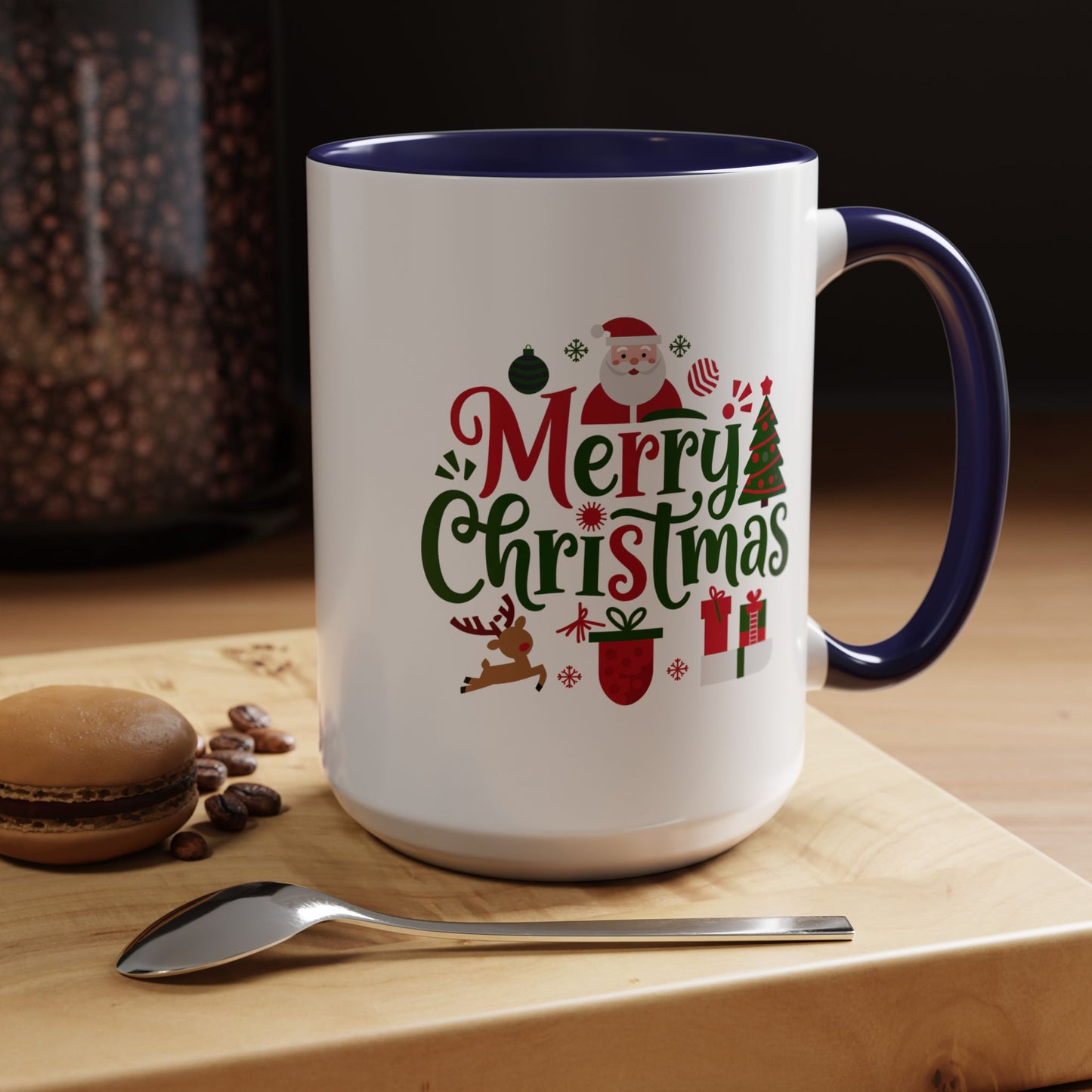 Christmas Mug - Merry Christmas Red & Green Text Santa Reindeer Tree Sleigh Ornaments