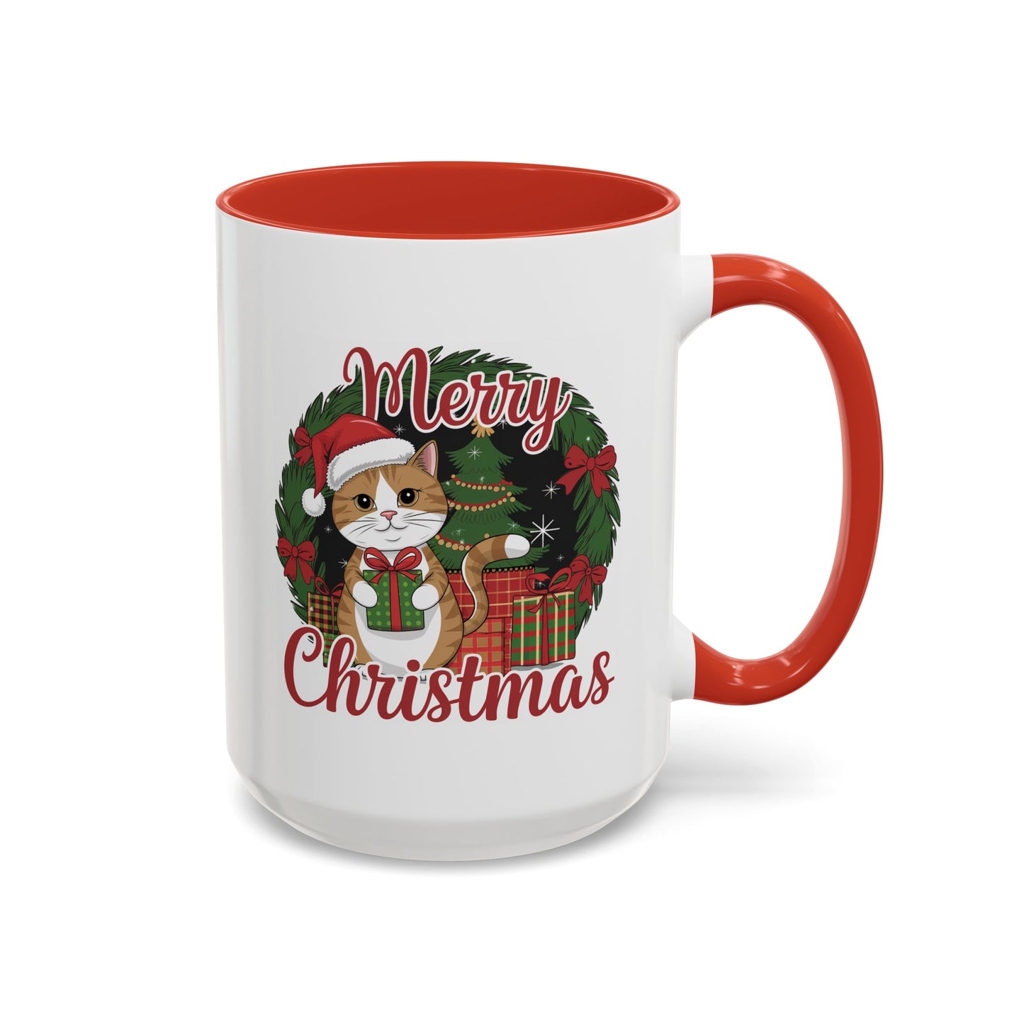Christmas Mug - Merry Christmas Red Text Cat Presents Wreath