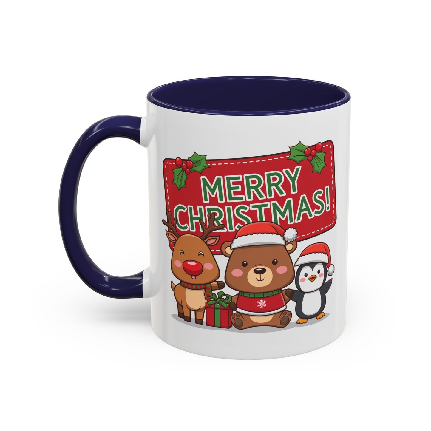 Christmas Mug - Green Text Red Banner Reindeer Bear Penguin