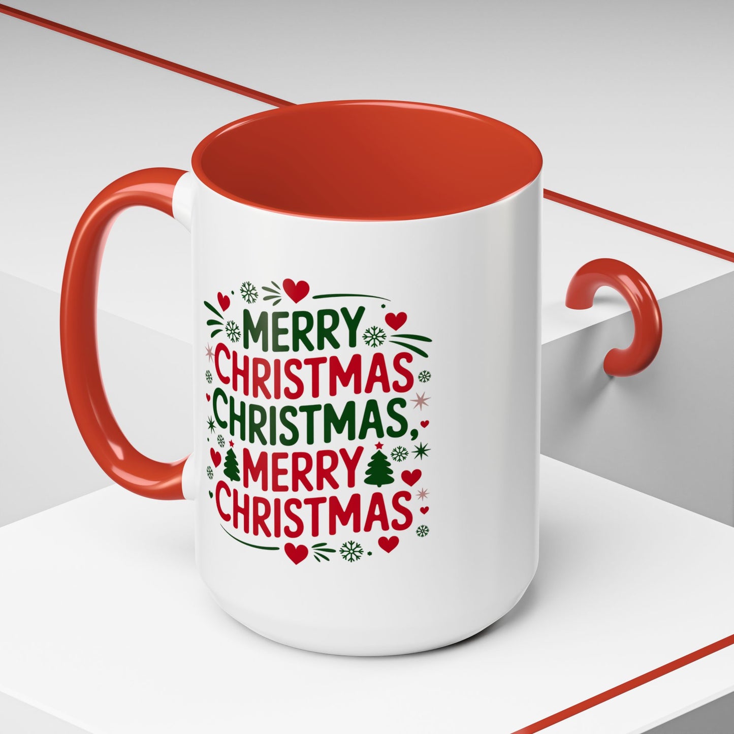 Christmas Mug - Merry Christmas Green & Red Text Trees Hearts Snowflakes Stars