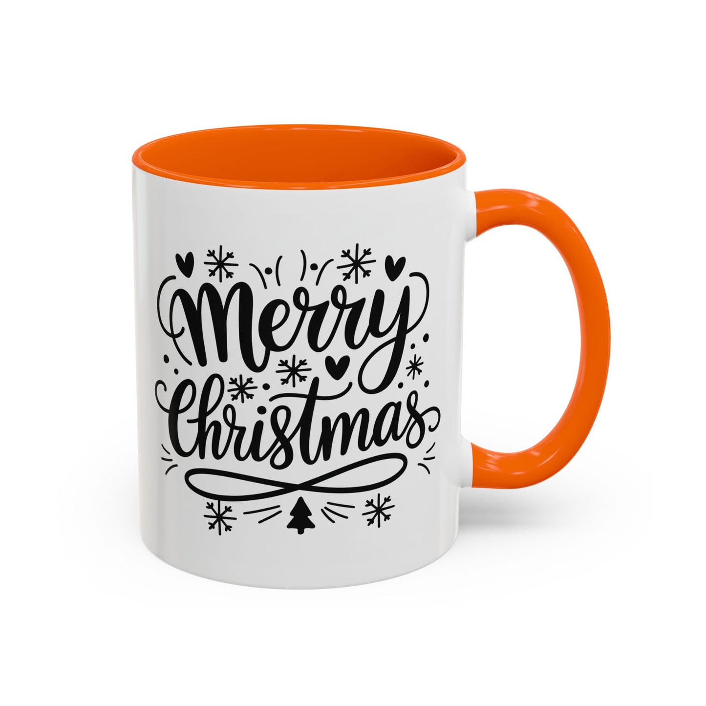 Christmas Mug - Merry Christmas Black Text Tree Snowflakes Hearts