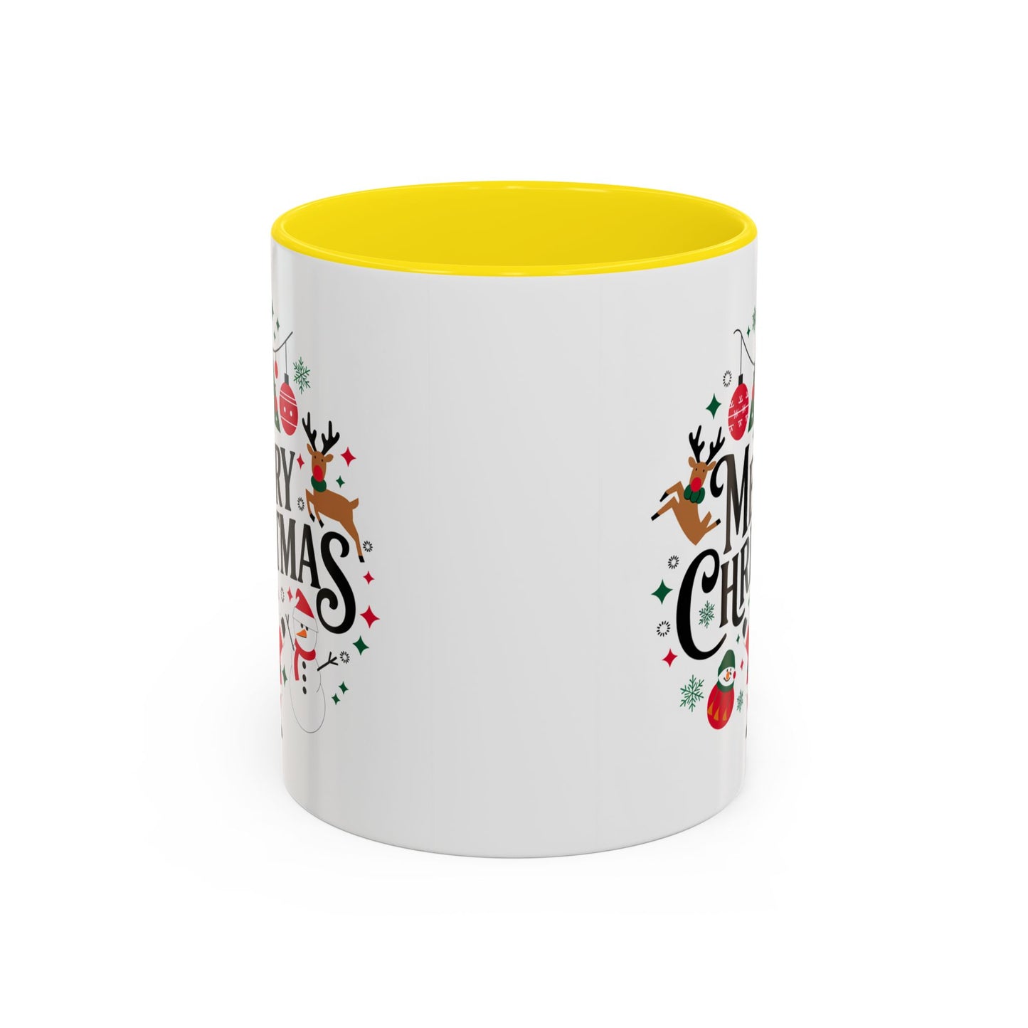 Christmas Mug - Merry Christmas Black Text Santa Reindeer Snowmen Ornaments