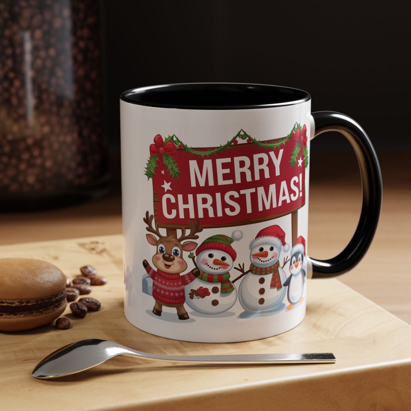 Christmas Mug - Merry Christmas White Text Reindeer Snowmen Penguin