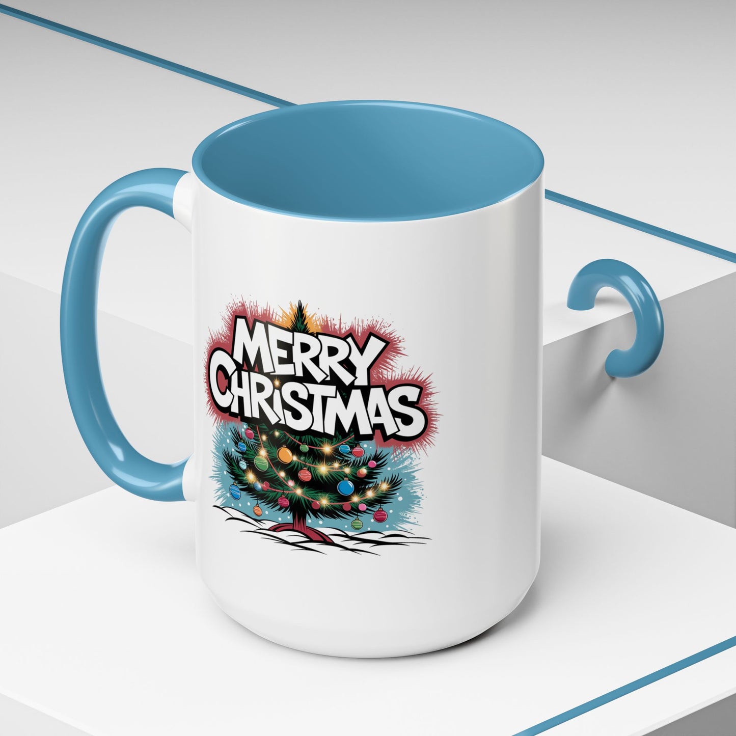 Christmas Mug - Merry Christmas White & Red Text Tree Lights