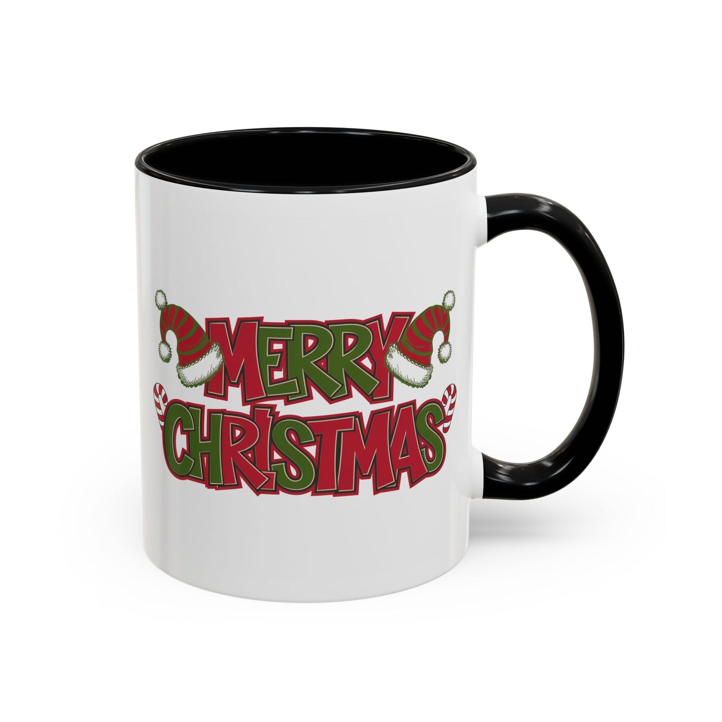 Christmas Mug - Merry Christmas Red & Green Text Hats Candy Canes