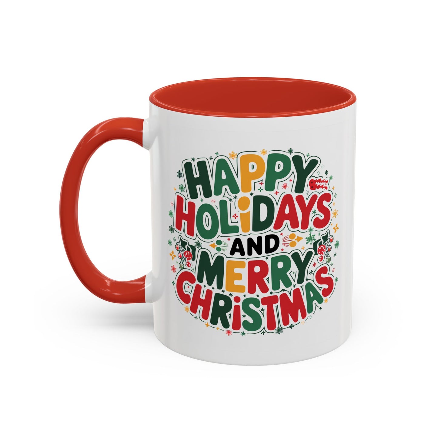Christmas Mug - Happy Holidays and Merry Christmas Blue Green Yellow Red Text