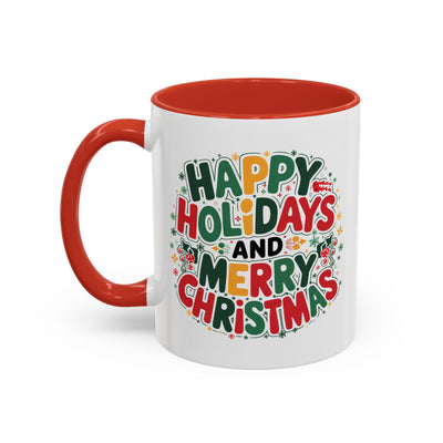 Christmas Mug - Happy Holidays and Merry Christmas Blue Green Yellow Red Text