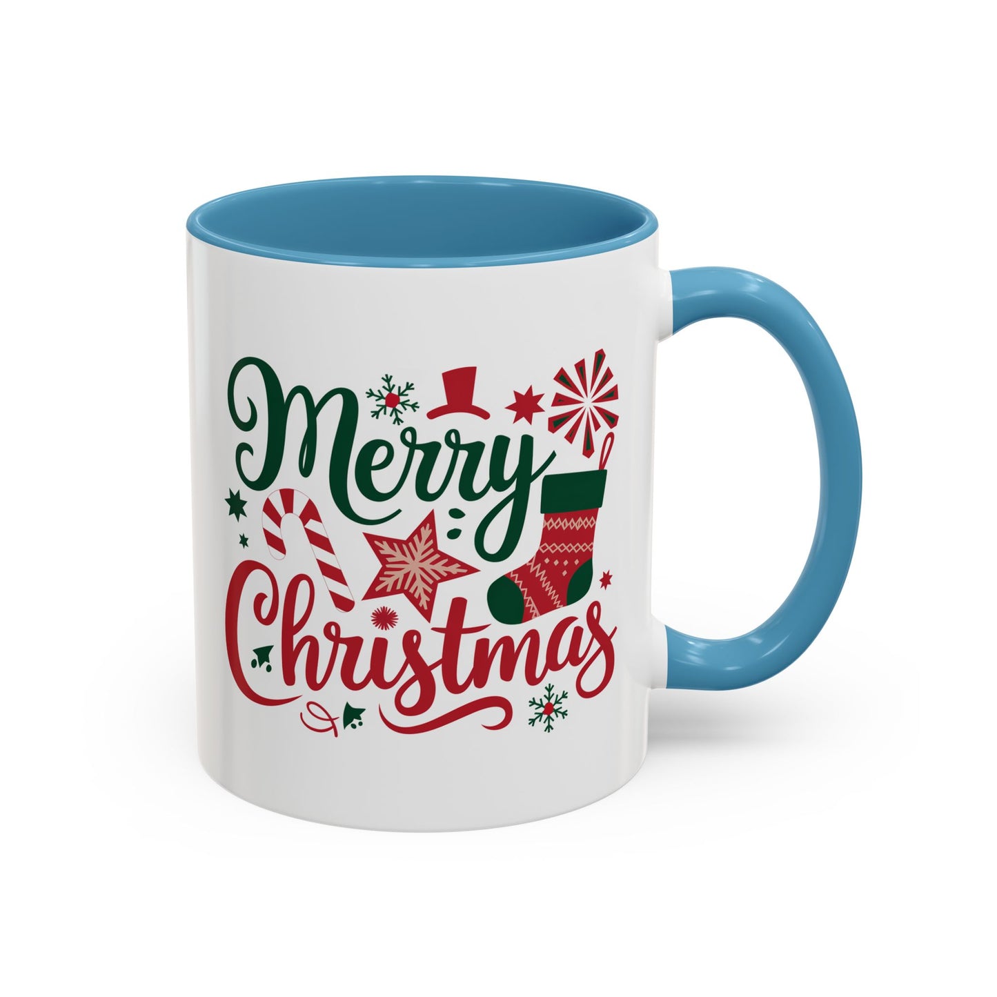 Christmas Mug - Merry Christmas Green & Red Text Star Candy Cane Stocking Snowflake