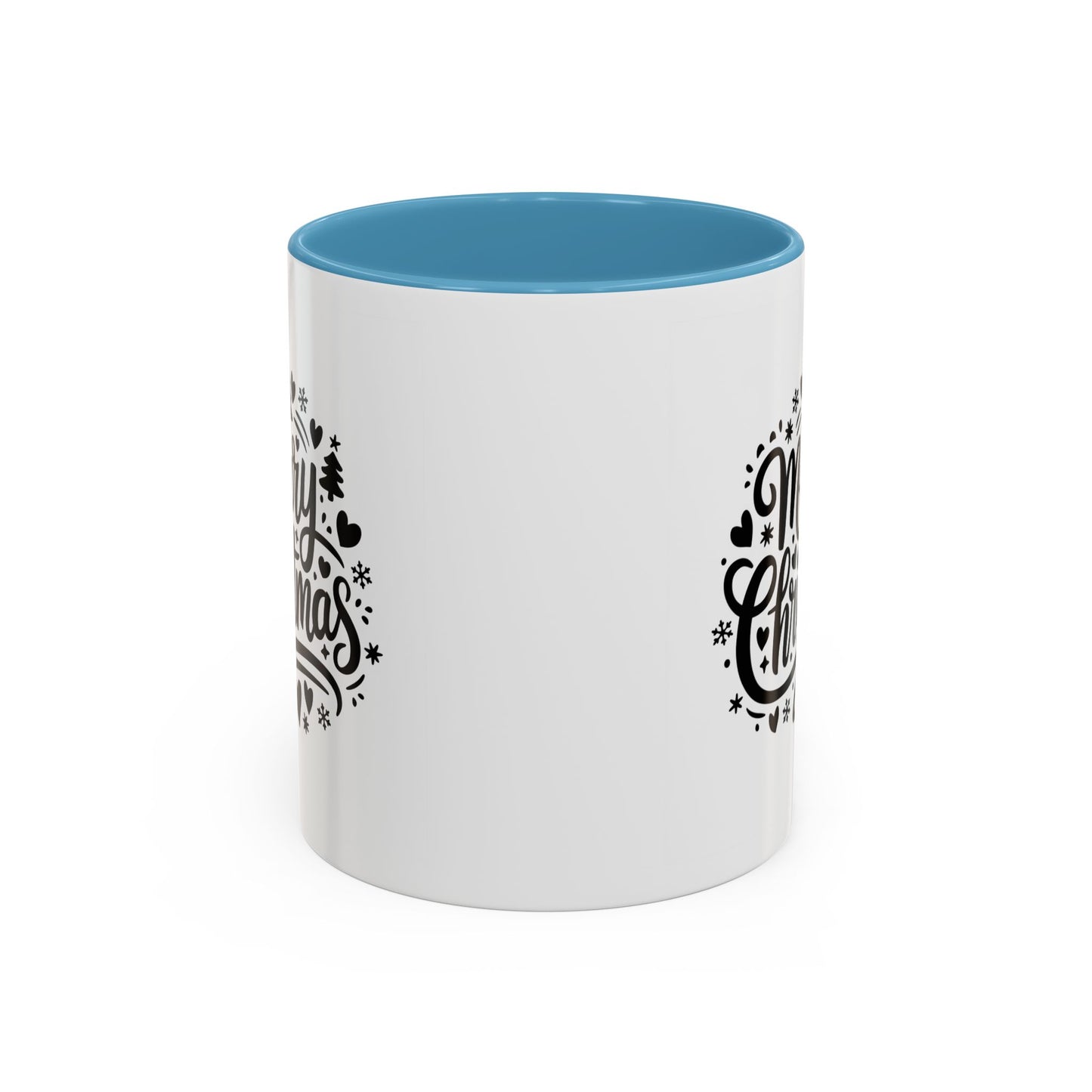 Christmas Mug - Merry Christmas Black Text Trees Snowflakes Hearts