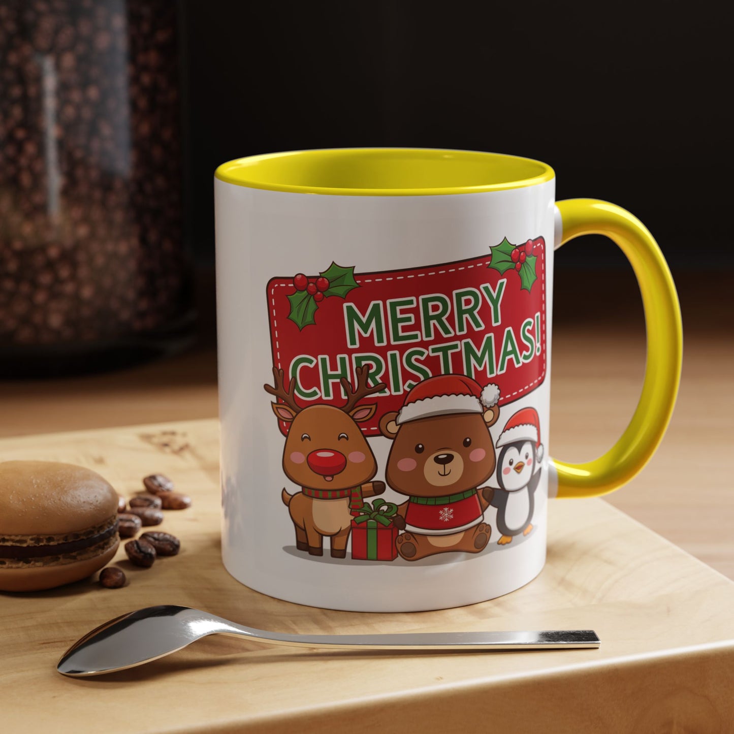 Christmas Mug - Green Text Red Banner Reindeer Bear Penguin