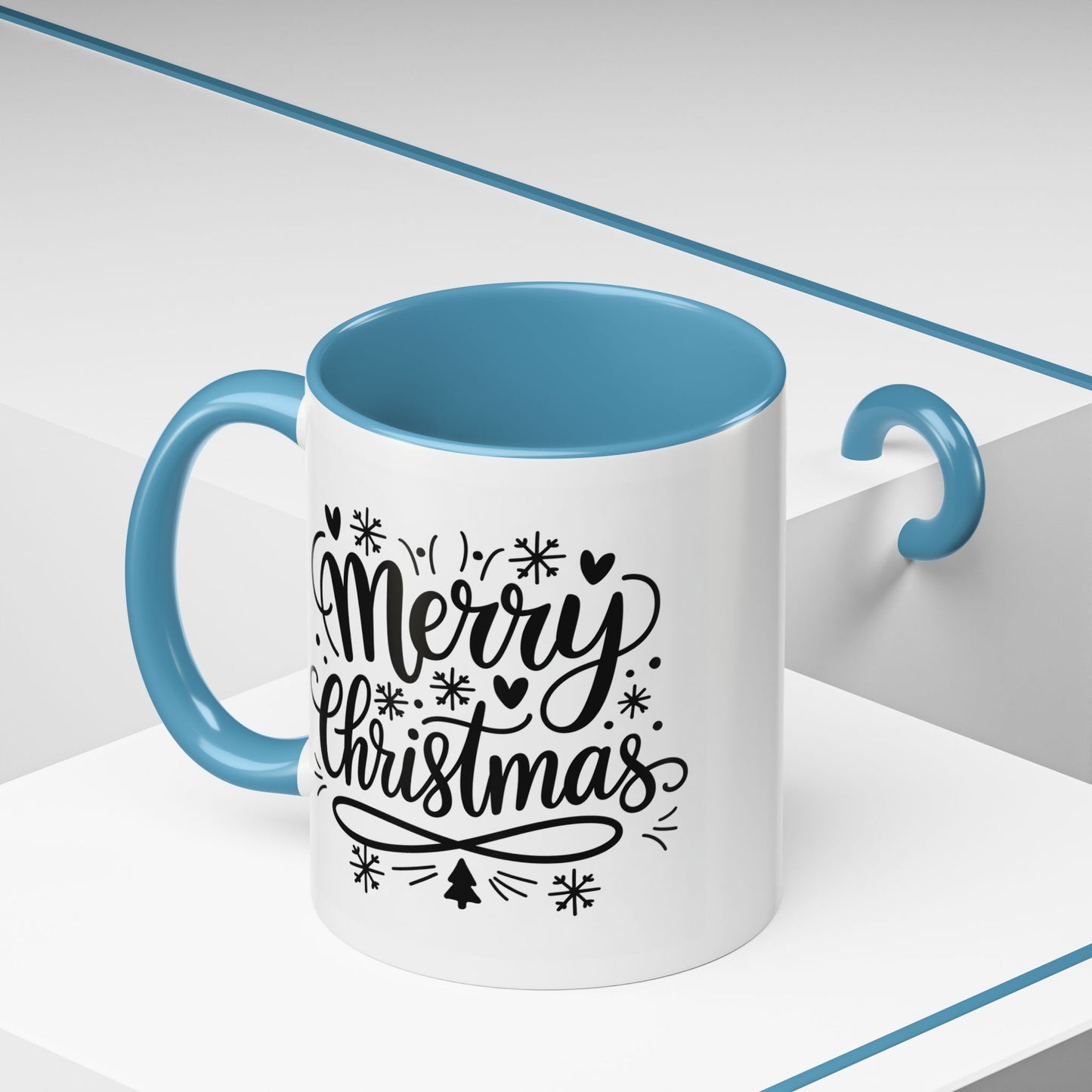 Christmas Mug - Merry Christmas Black Text Tree Snowflakes Hearts
