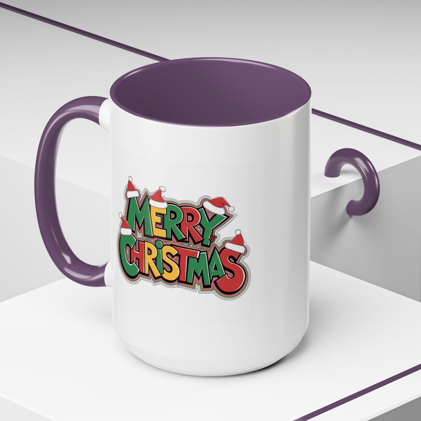Christmas Mug - Merry Christmas Green Yellow & Red Text Hats