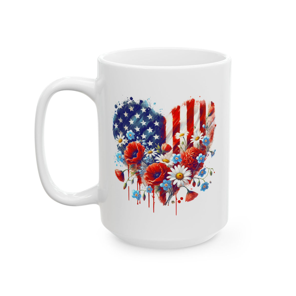 4th of July Mug - Patriotic USA Flowers Heart