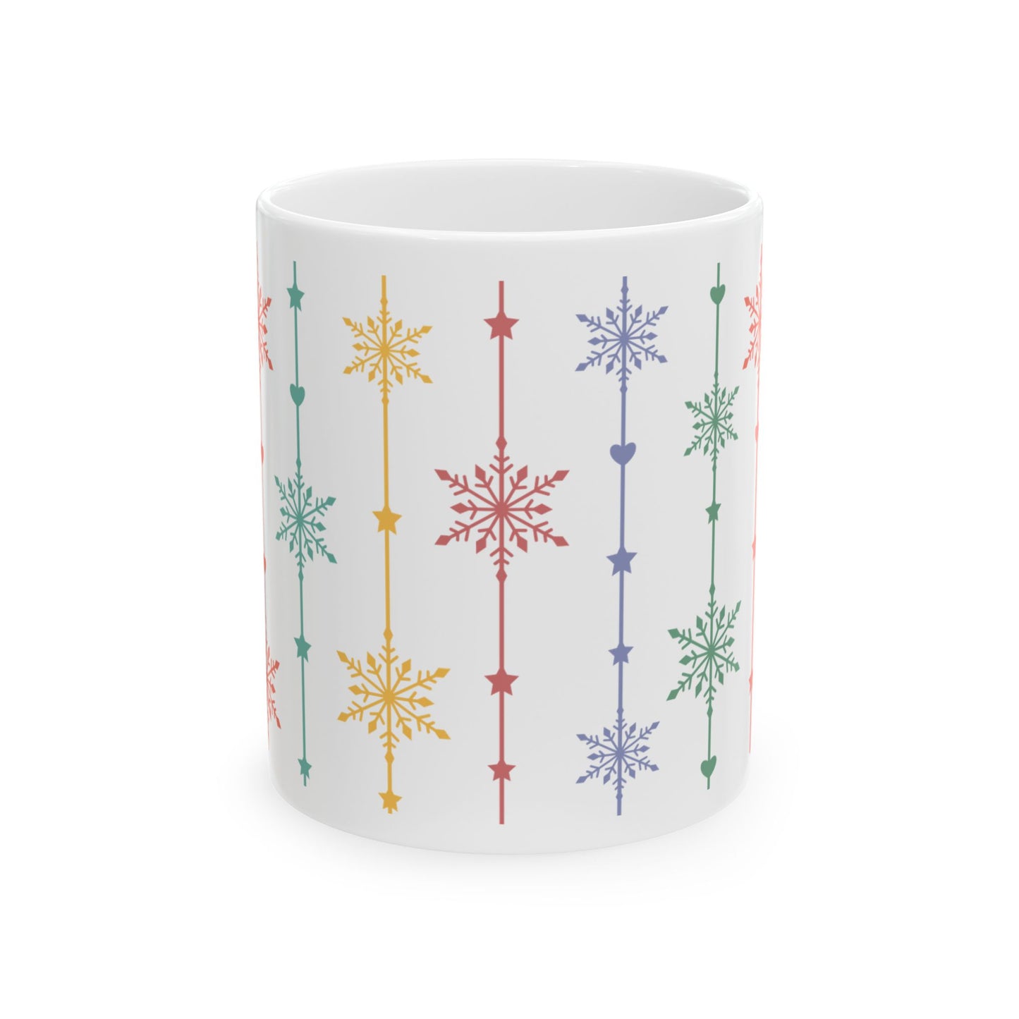 Christmas Mug - Green Yellow & Red Snowflakes Pattern