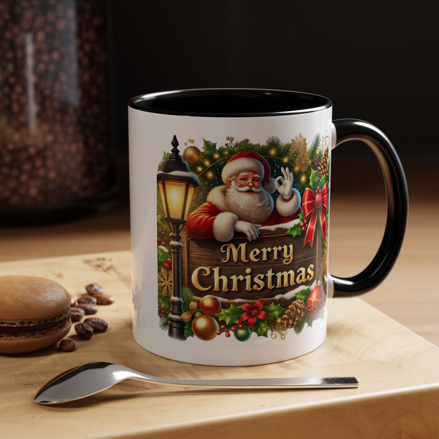 Christmas Mug - Merry Christmas Cream Text Santa Ok Light Bow Ornaments