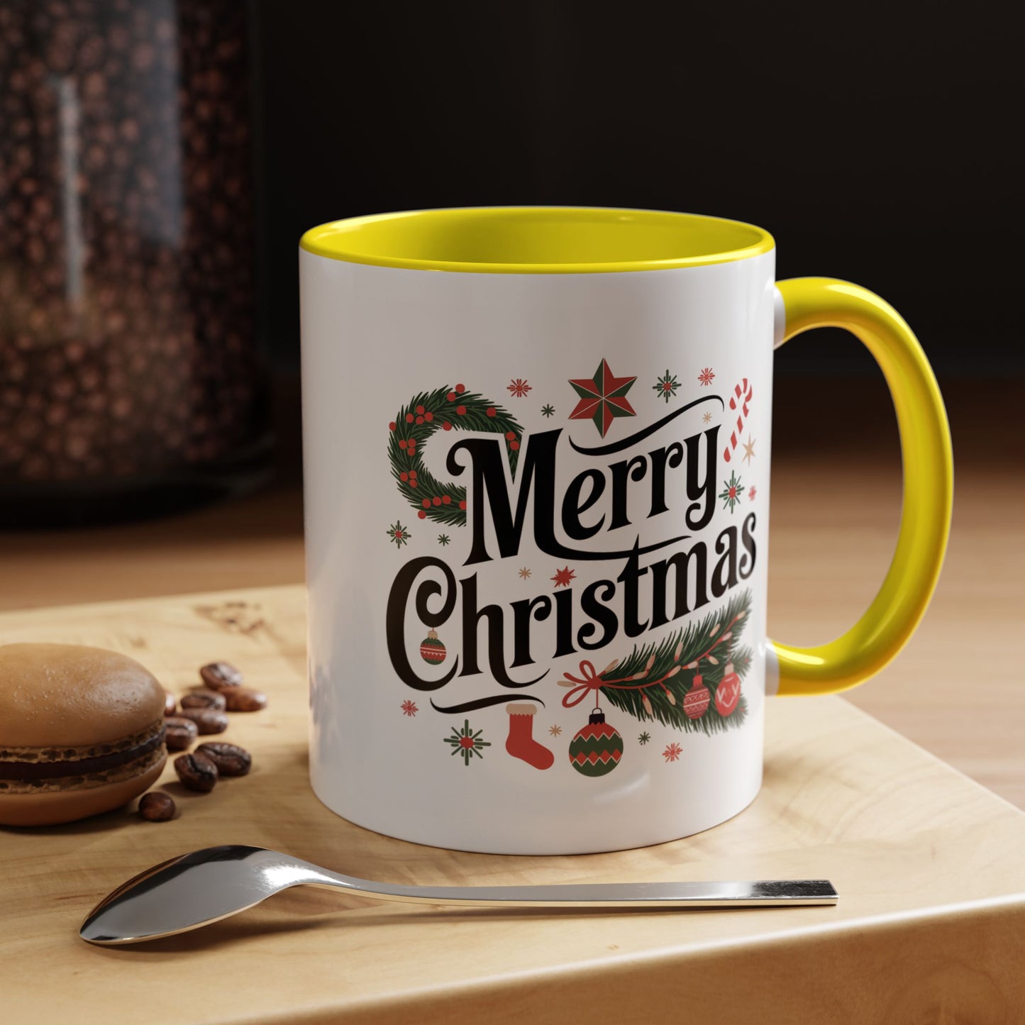 Christmas Mug - Merry Christmas Black Text Star Stocking Ornament Candy Cane