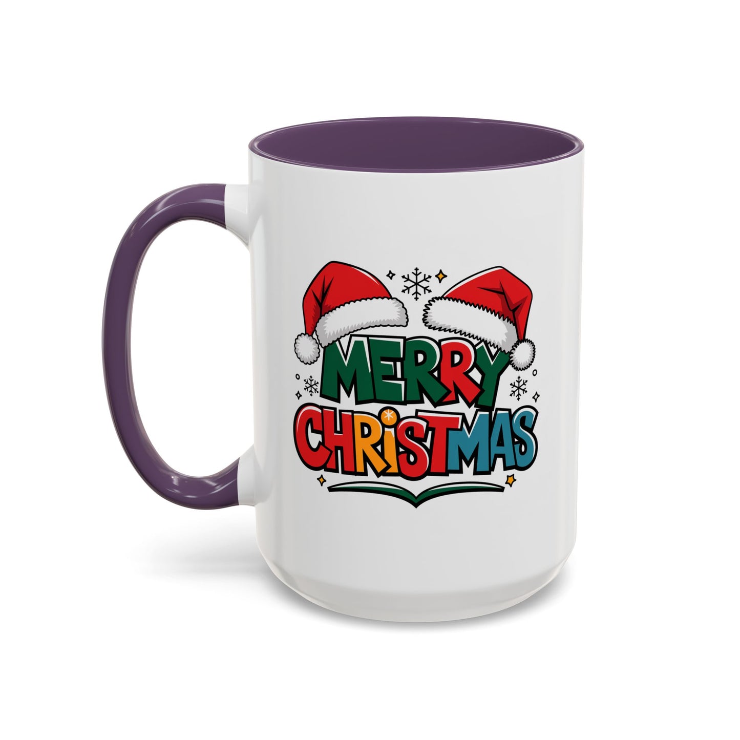 Christmas Mug - Merry Christmas Green Red Yellow and Blue Text Red Hats