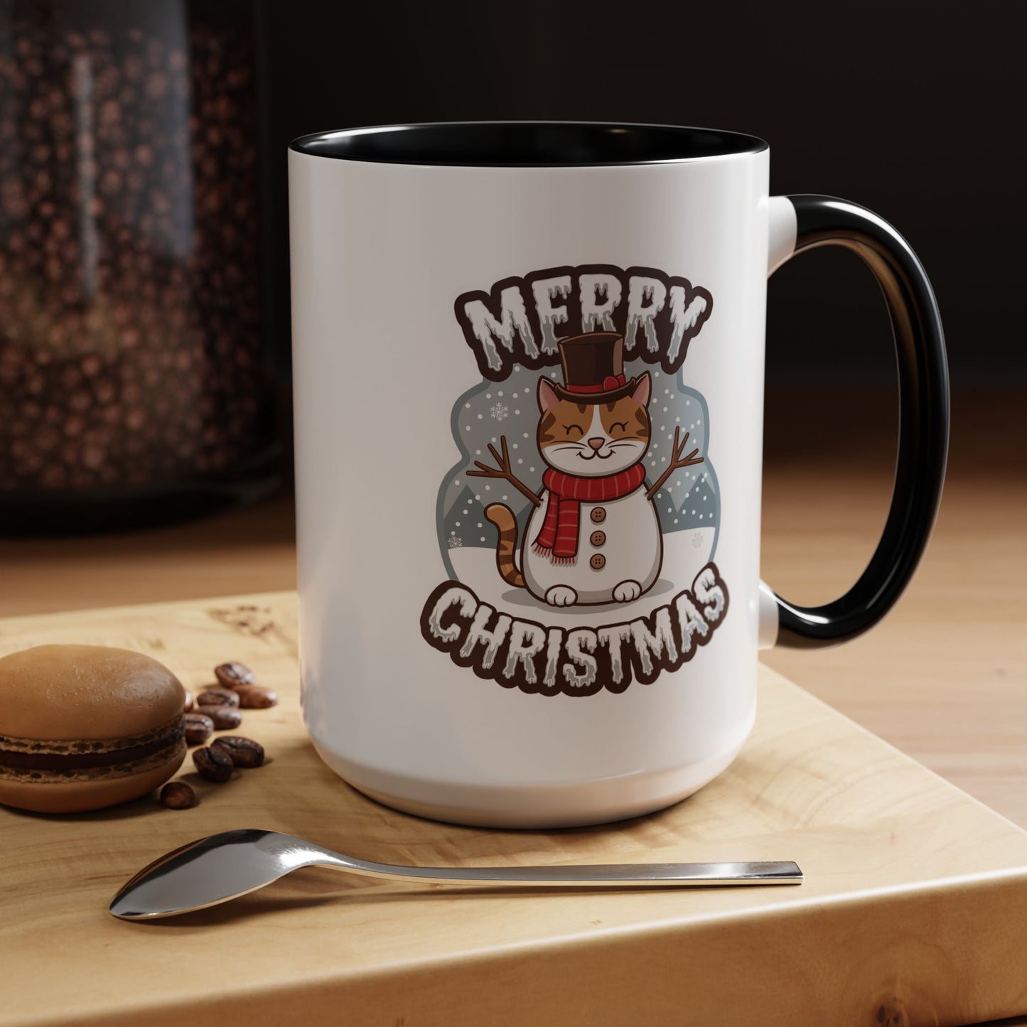 Christmas Mug - Merry Christmas Black & White Text Snowman Cat