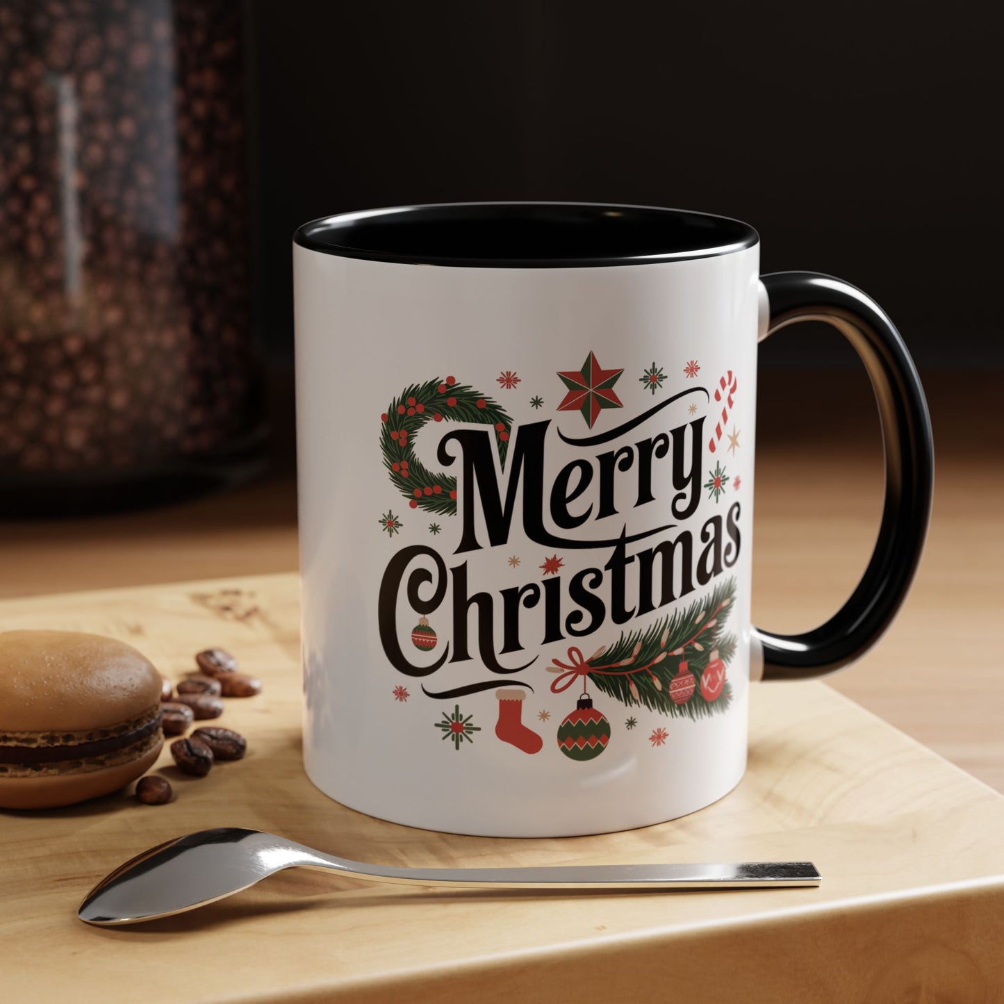 Christmas Mug - Merry Christmas Black Text Star Stocking Ornament Candy Cane