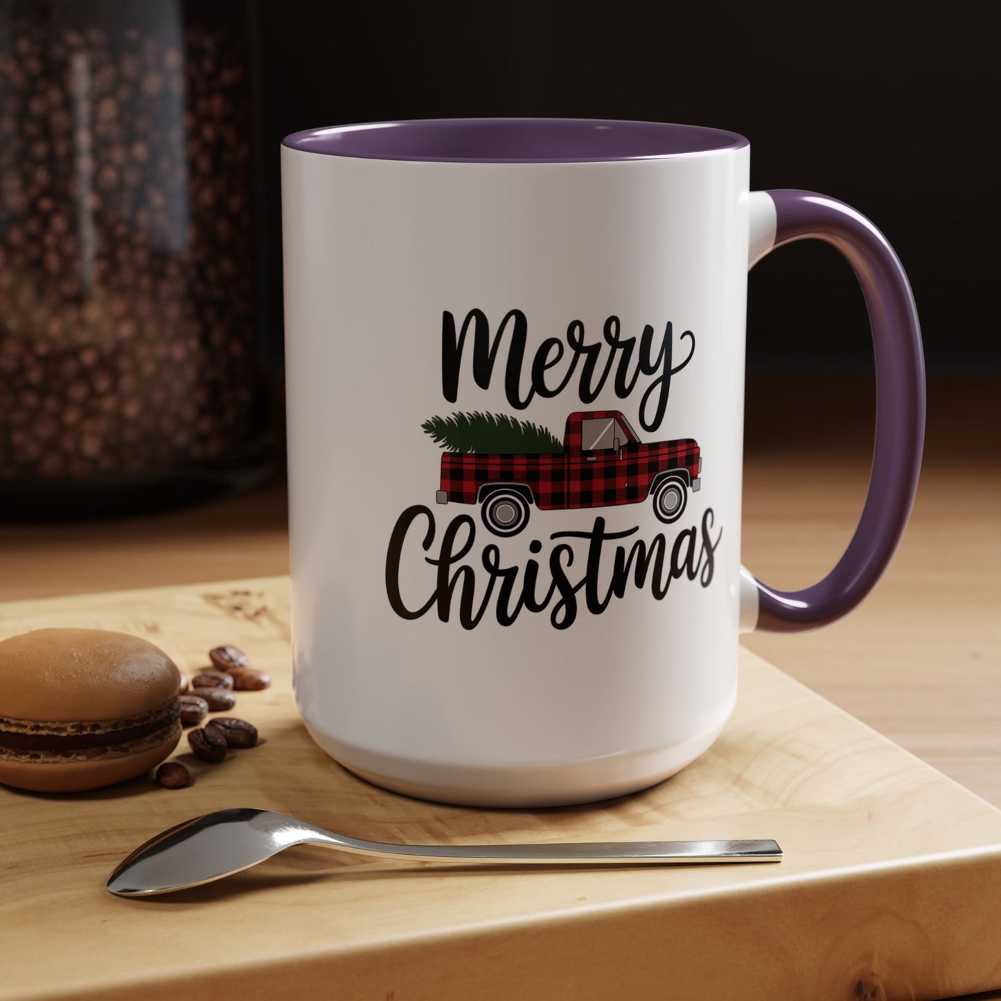 Christmas Mug - Merry Christmas Black Text Tartan Truck