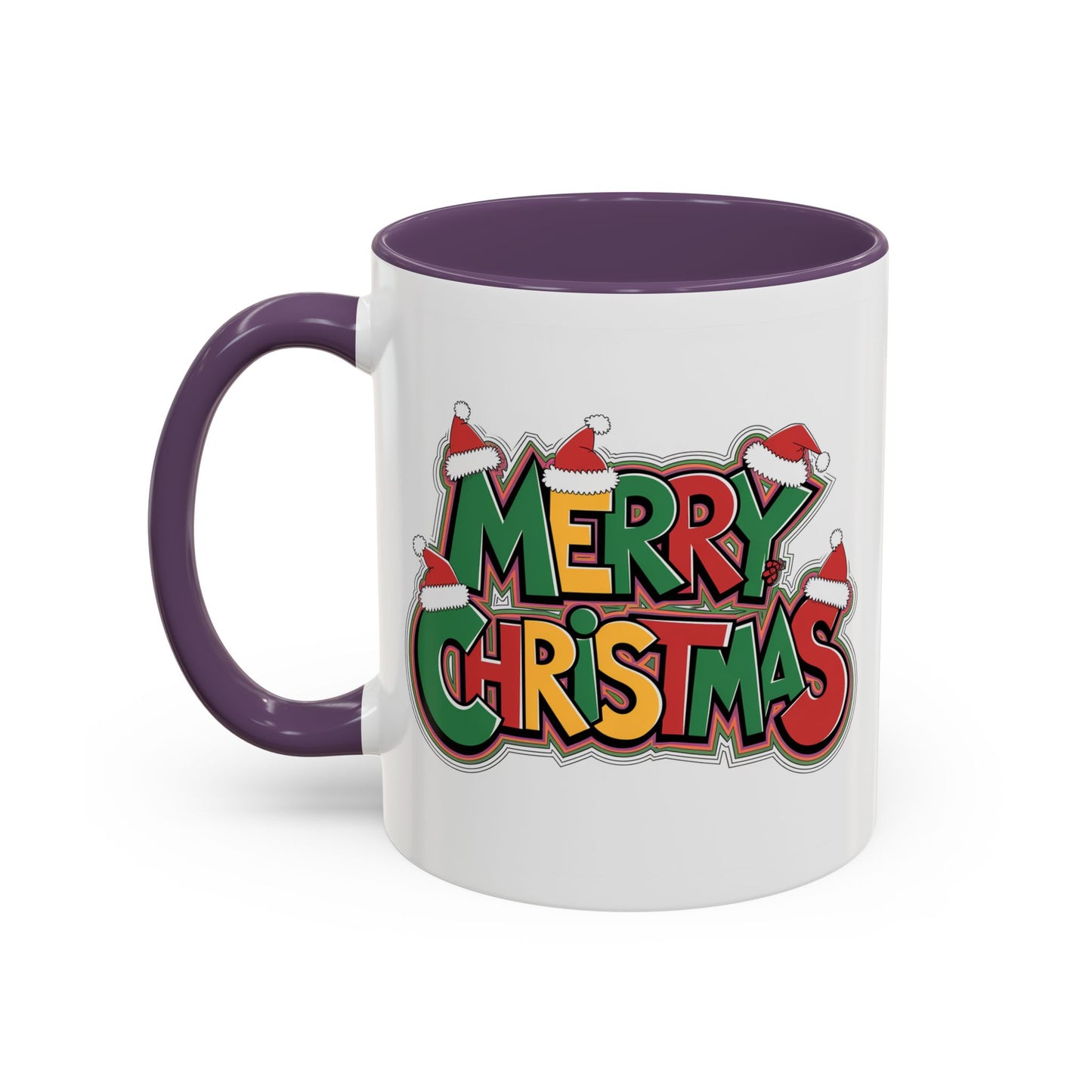 Christmas Mug - Merry Christmas Green Yellow & Red Text Hats