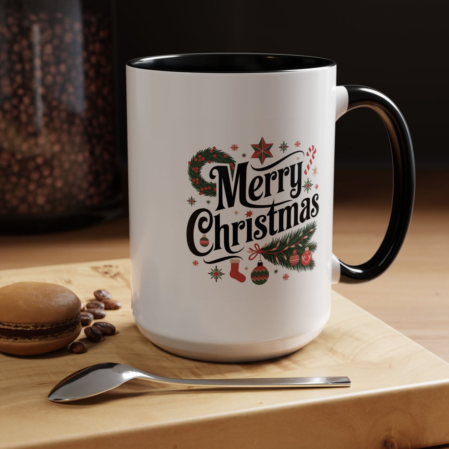 Christmas Mug - Merry Christmas Black Text Star Stocking Ornament Candy Cane