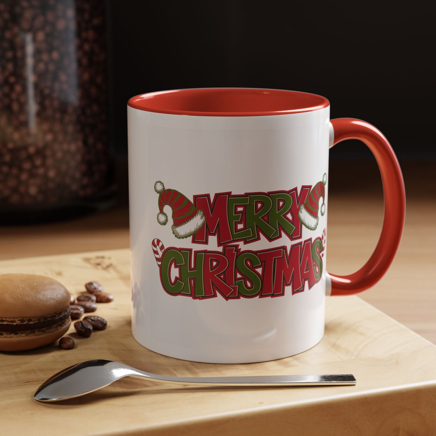 Christmas Mug - Merry Christmas Red & Green Text Hats Candy Canes