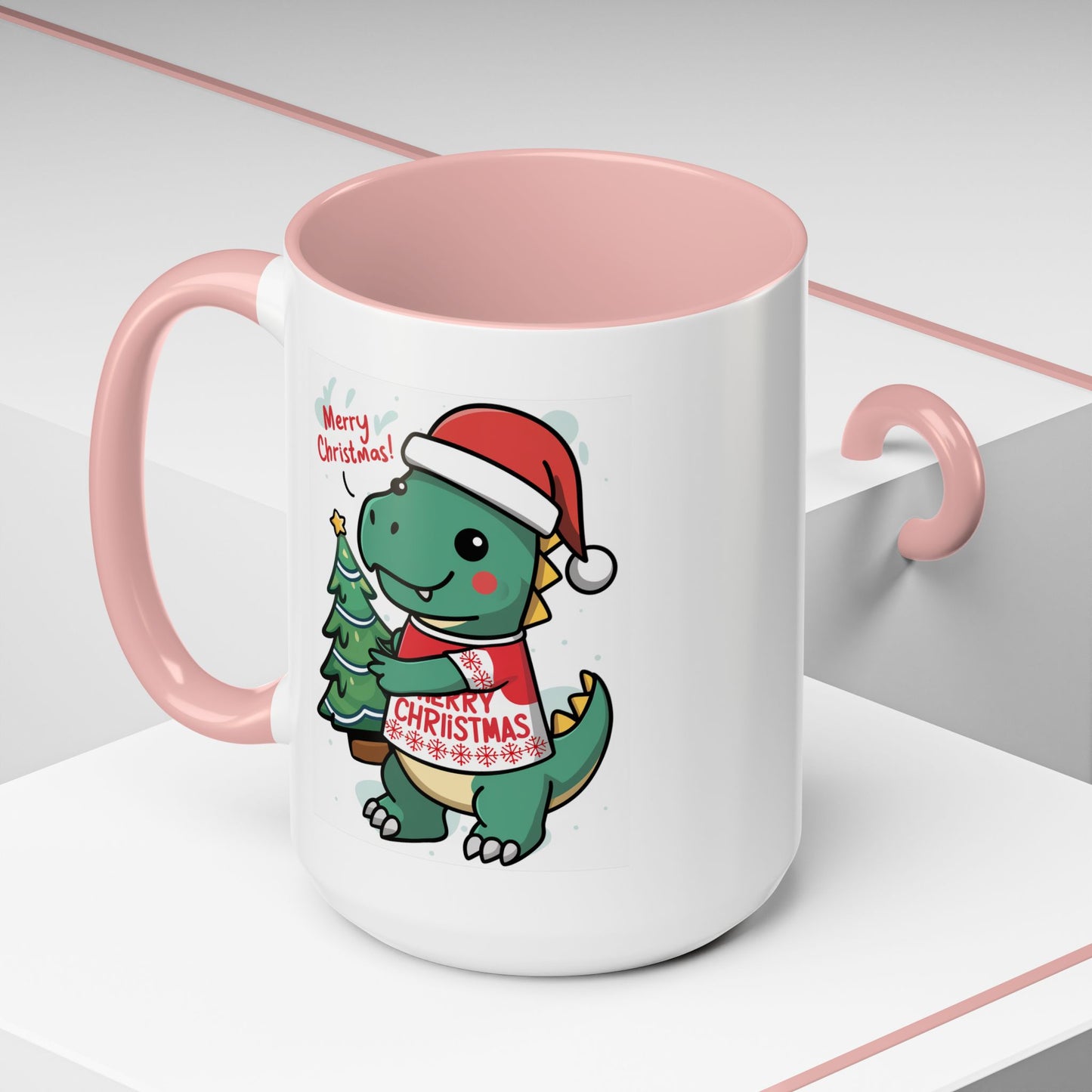 Christmas Mug - Merry Christmas Red Text Dinosaur Tree