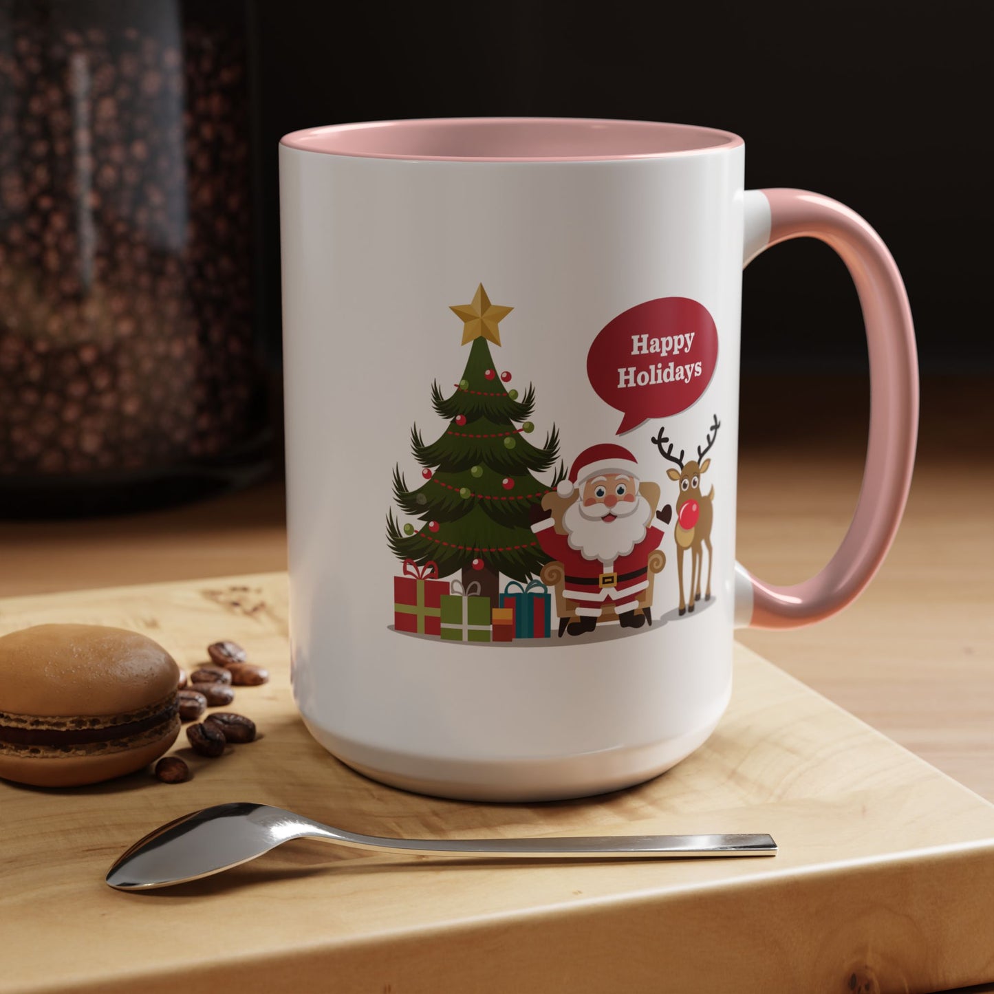 Christmas Mug - Happy Holidays Callout Santa Tree Presents Reindeer