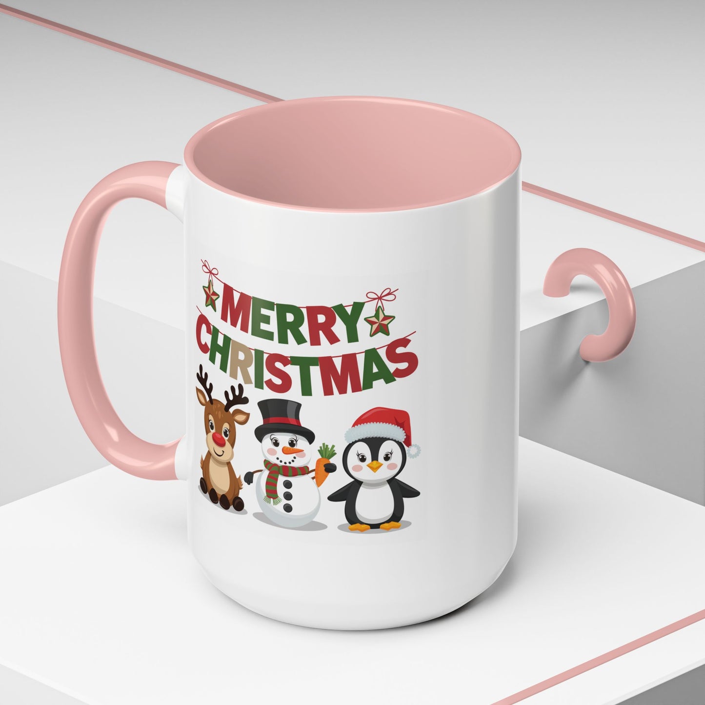 Christmas Mug - Red Green & Gold Text Reindeer Snowman Penguin