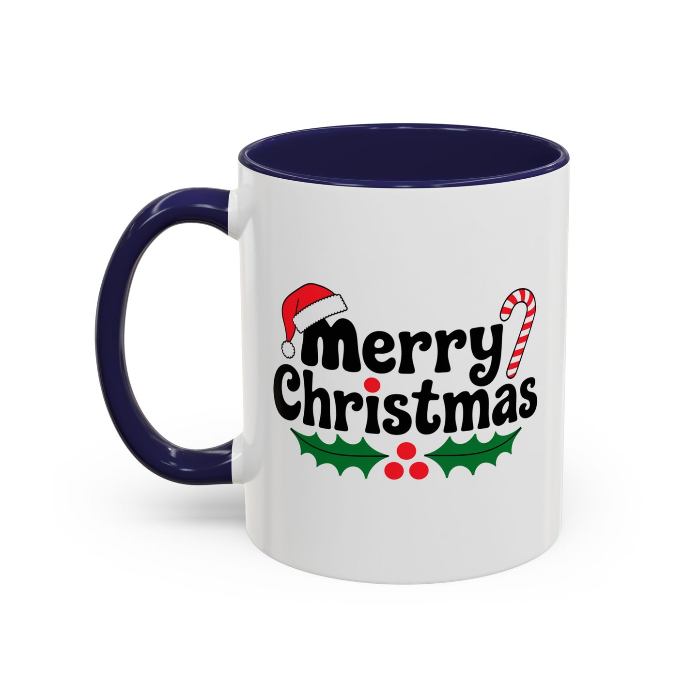 Christmas Mug - Merry Christmas Black Text Hat Cane Misletoe