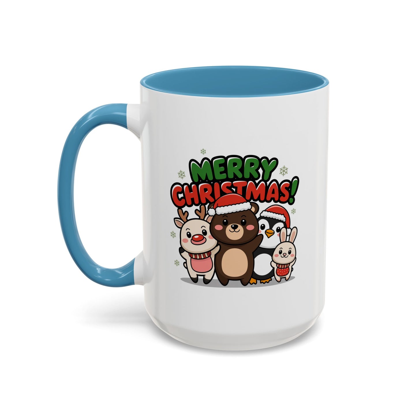 Christmas Mug - Merry Christmas Green & Red Text Cute Animals