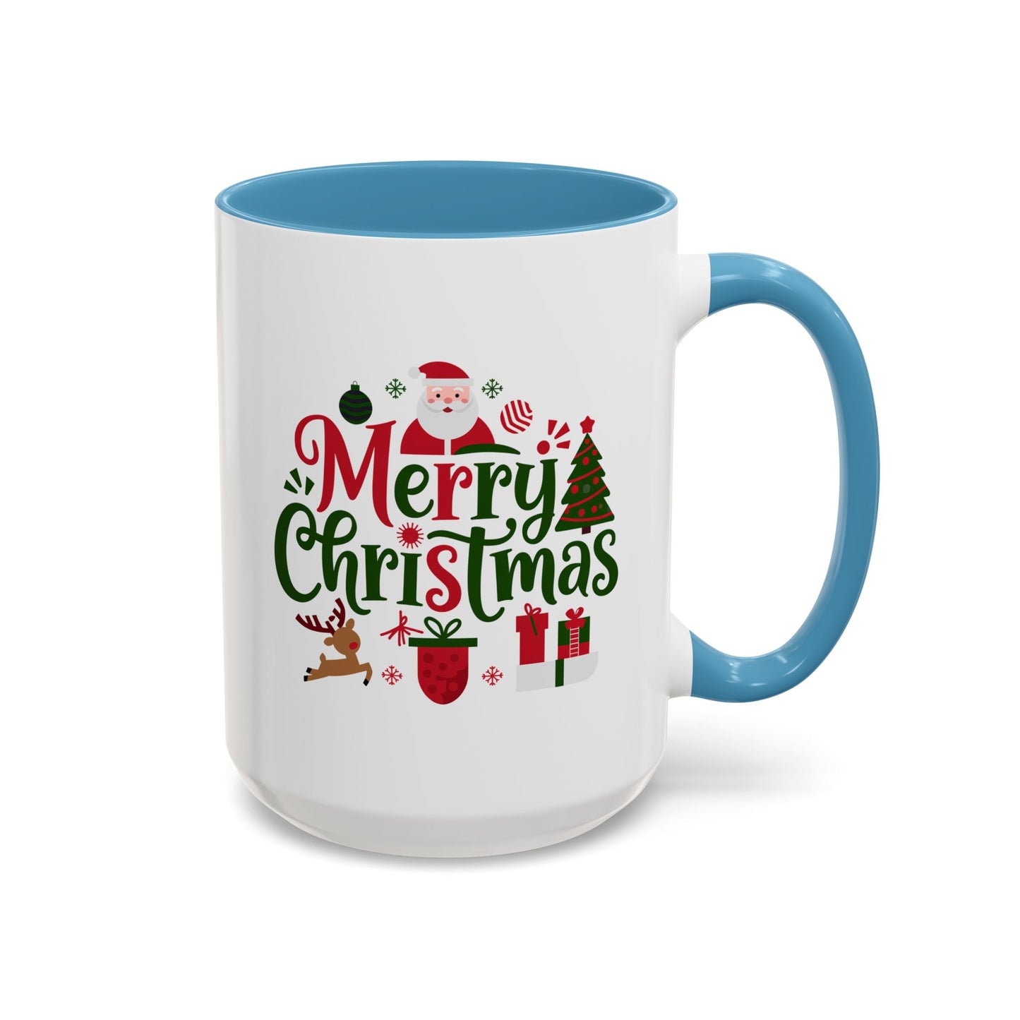 Christmas Mug - Merry Christmas Red & Green Text Santa Reindeer Tree Sleigh Ornaments