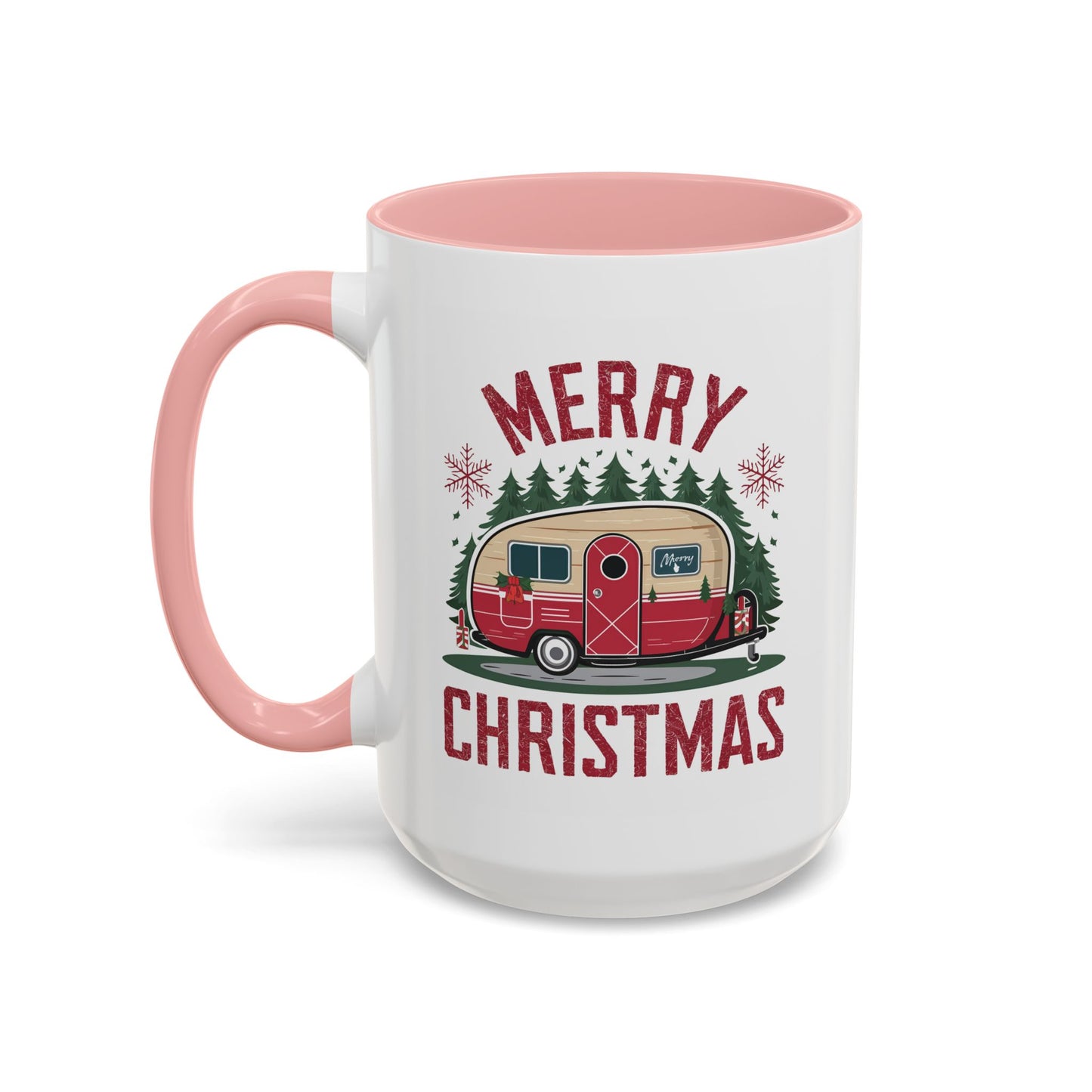 Christmas Mug - Merry Christmas Maroon Text Camper Trees Snowflakes