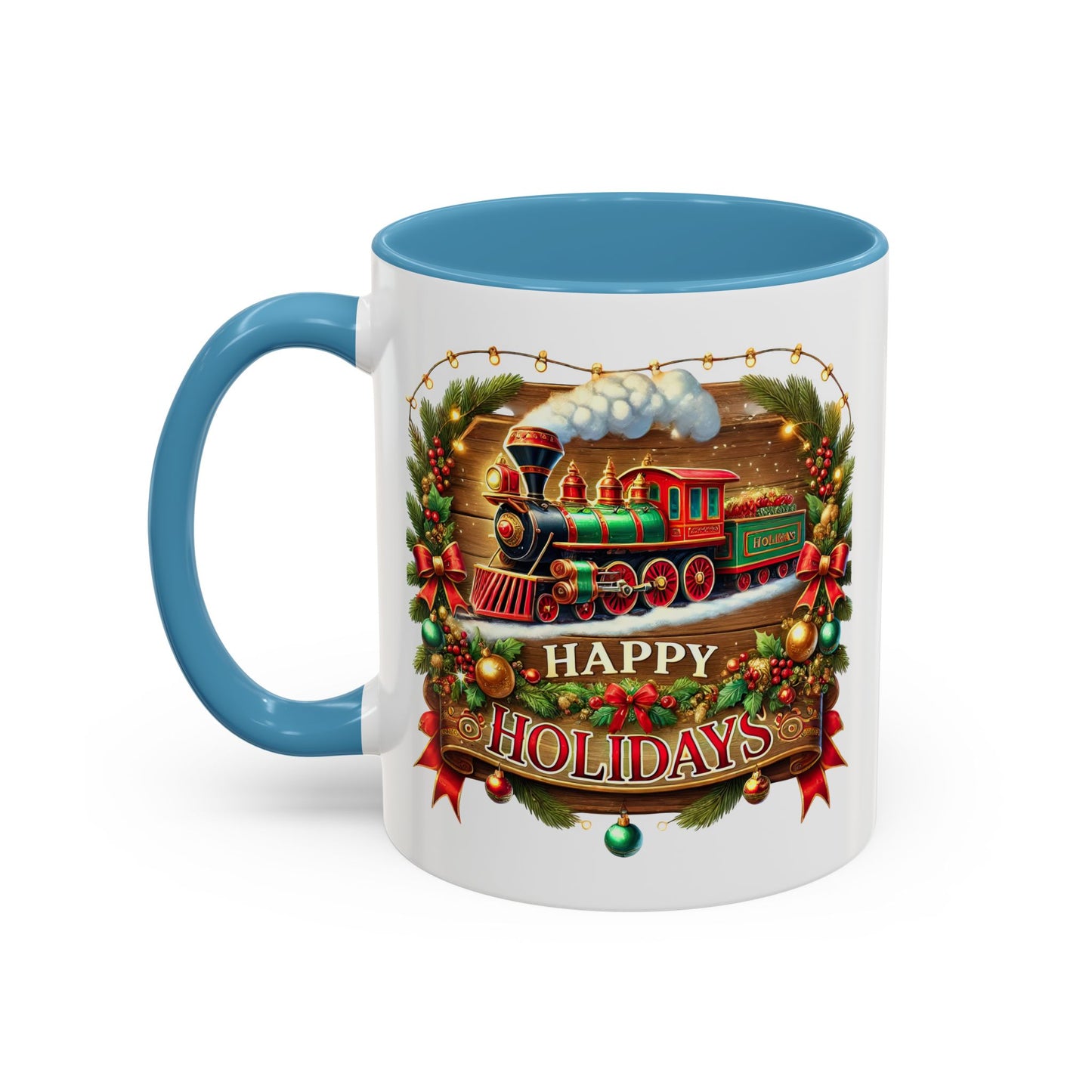 Christmas Mug - Happy Holidays White & Red Text Steam Locomotive