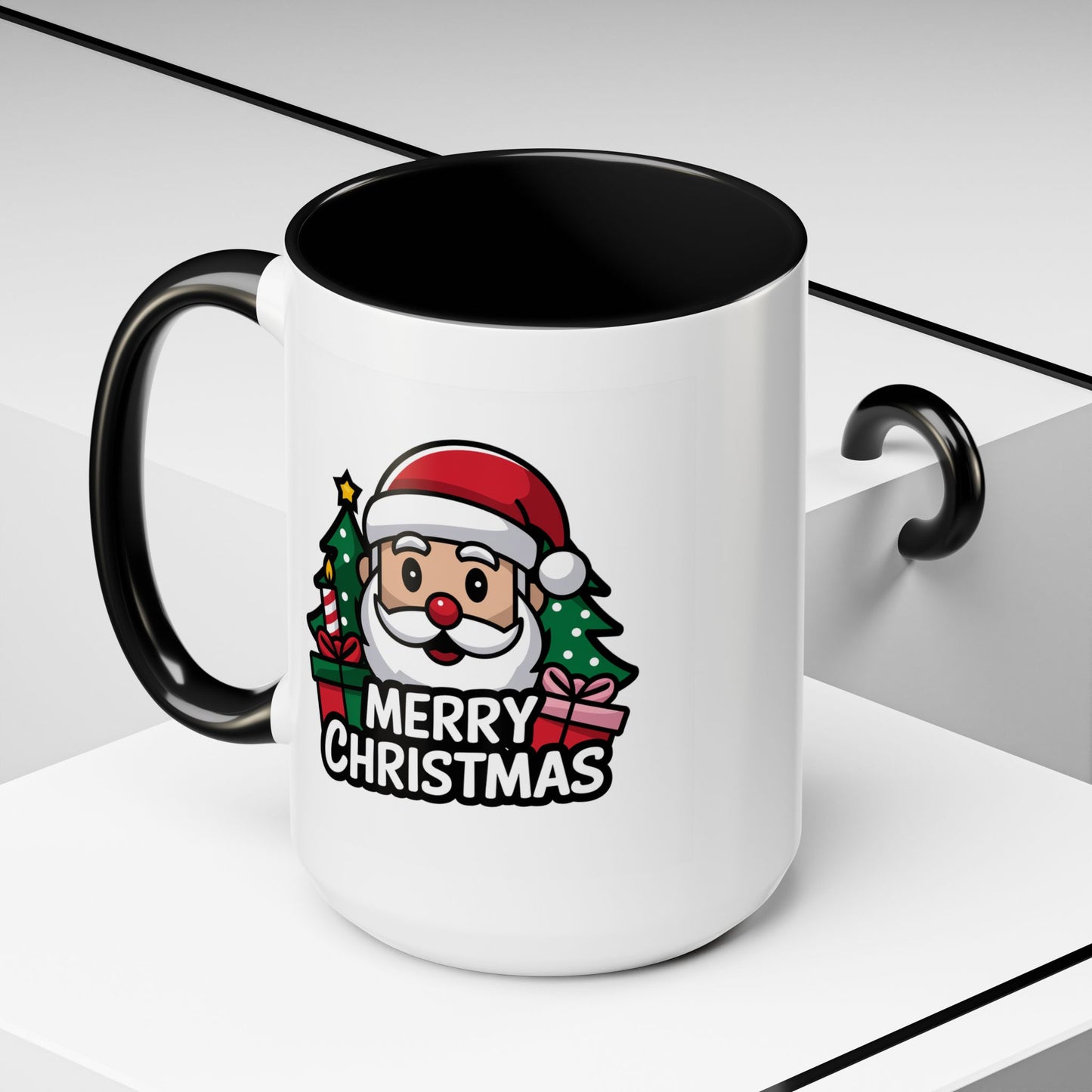 Christmas Mug - Merry Christmas White & Black Text Santa Trees Presents