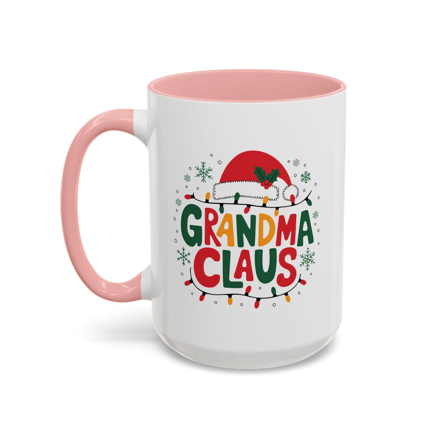 Christmas Mug - Grandma Claus Green Yellow & Red Text Hat Lights Stars