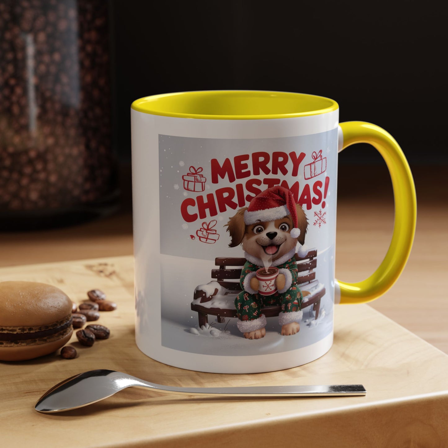 Christmas Mug - Merry Christmas Red Text Puppy Green Top 2