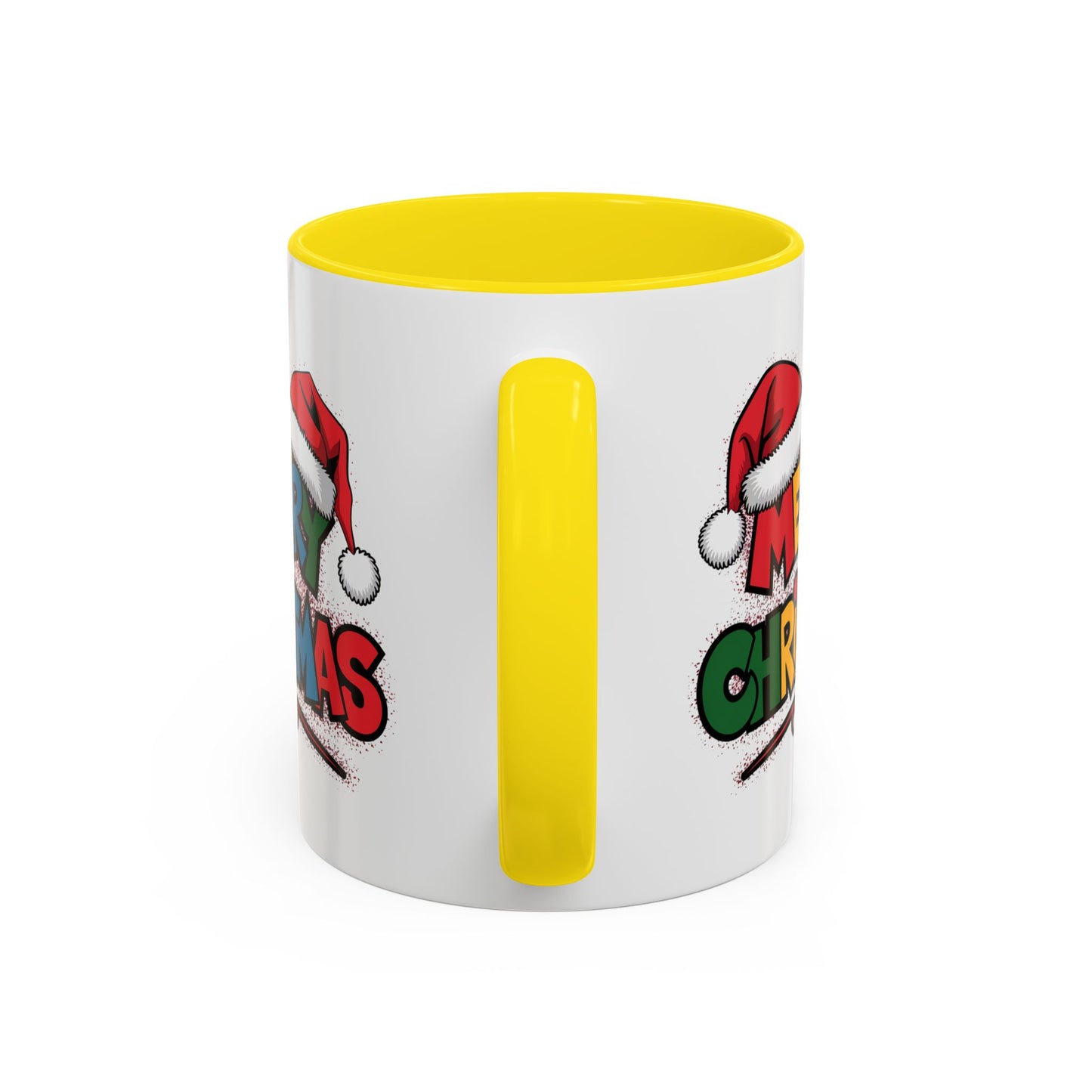 Christmas Mug - Merry Christmas Red Yellow & Blue Text Red Hats