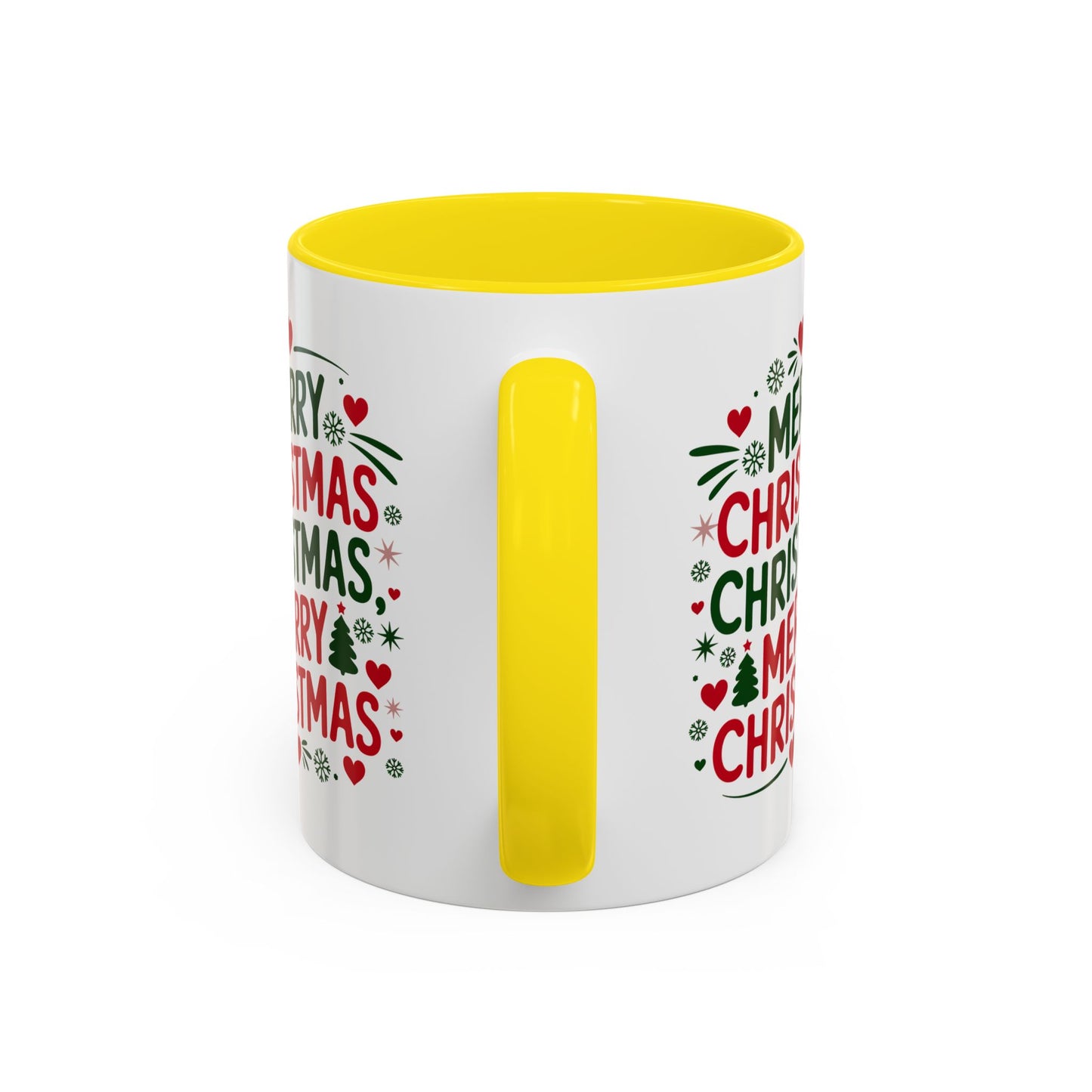 Christmas Mug - Merry Christmas Green & Red Text Trees Hearts Snowflakes Stars
