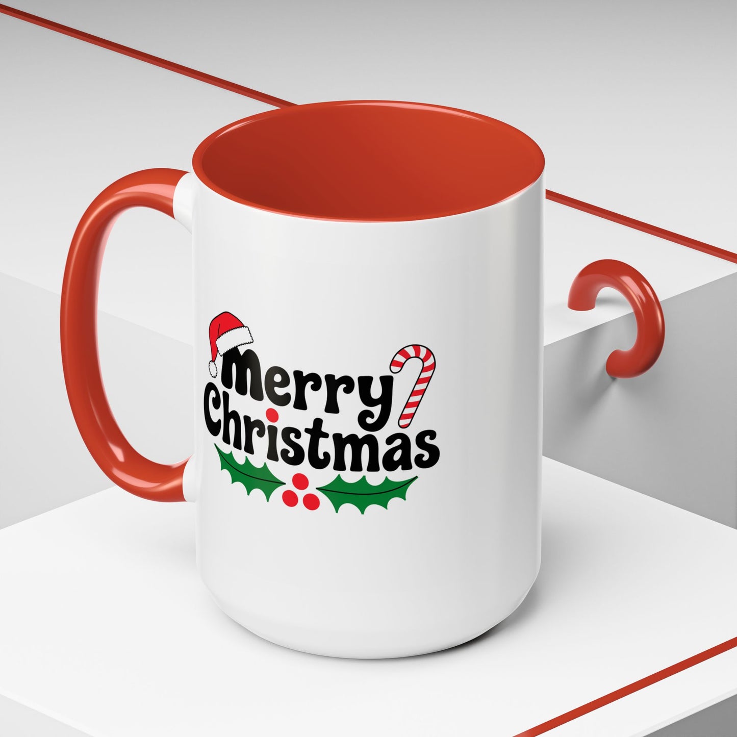 Christmas Mug - Merry Christmas Black Text Hat Candy Cane Mistletoe