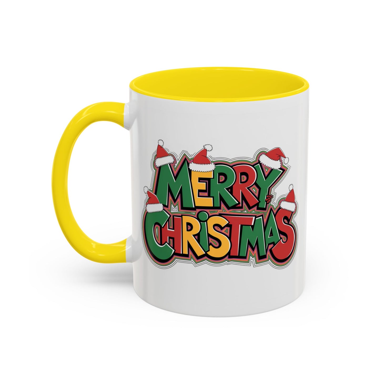 Christmas Mug - Merry Christmas Green Yellow & Red Text Hats