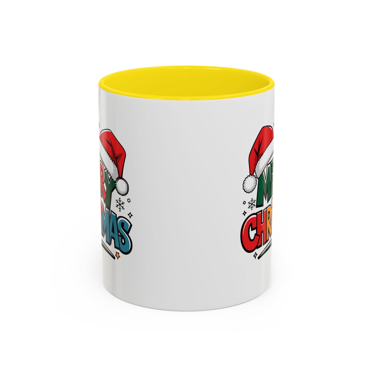 Christmas Mug - Merry Christmas Green Red Yellow and Blue Text Red Hats